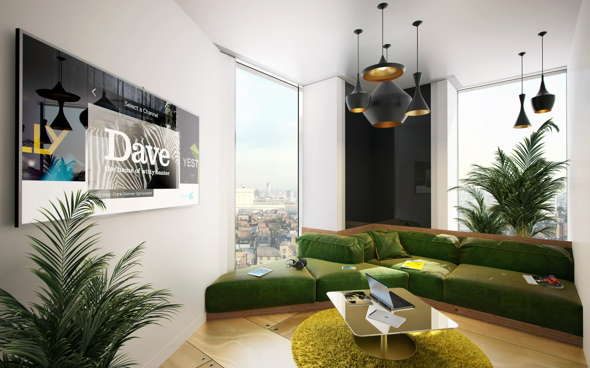 green leafy lounge area with green sofa and tv on the wall