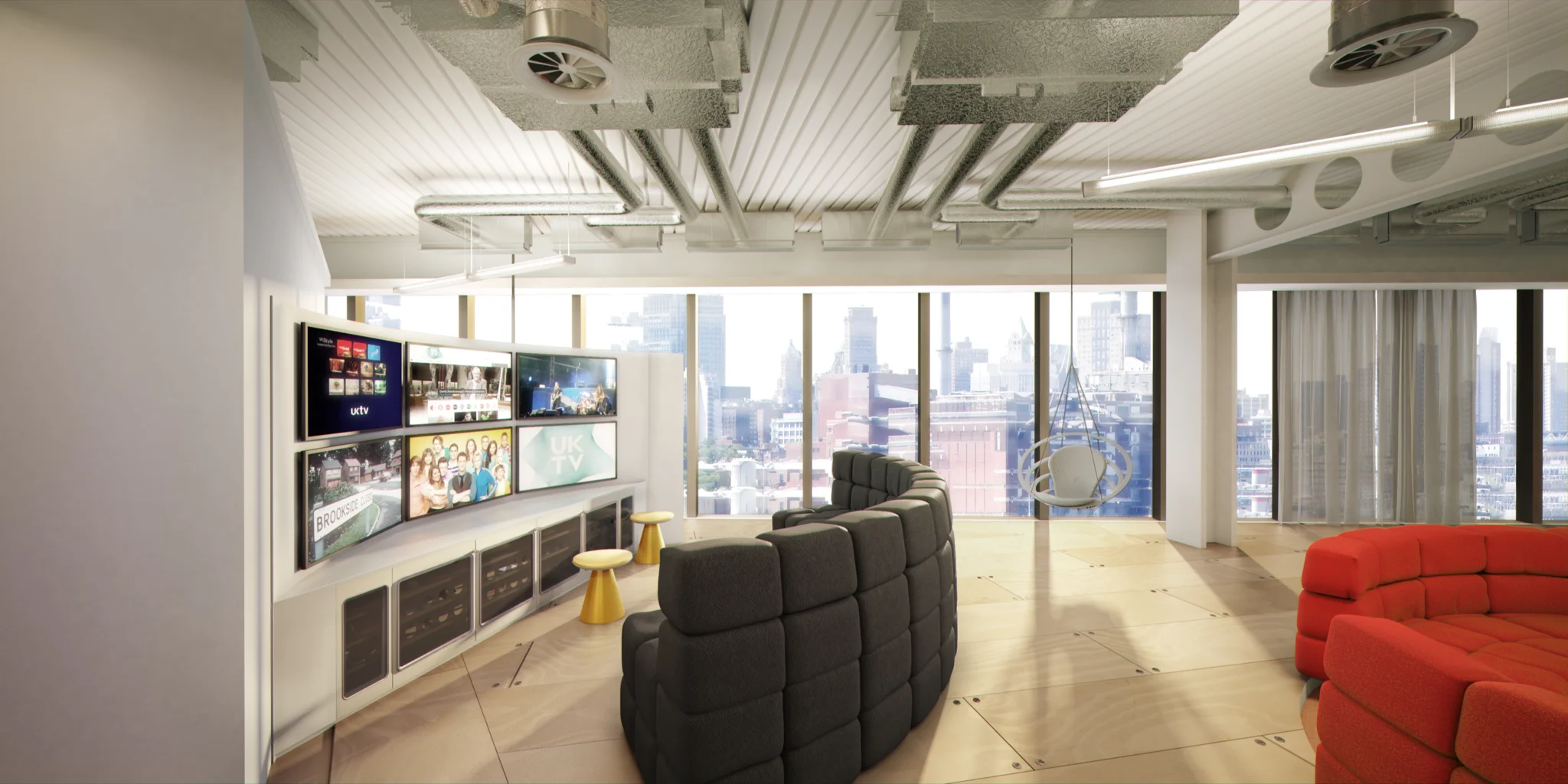 half circular black leather sofa aimed at a wall of multiple tvs with a hanging swing seat in the corner