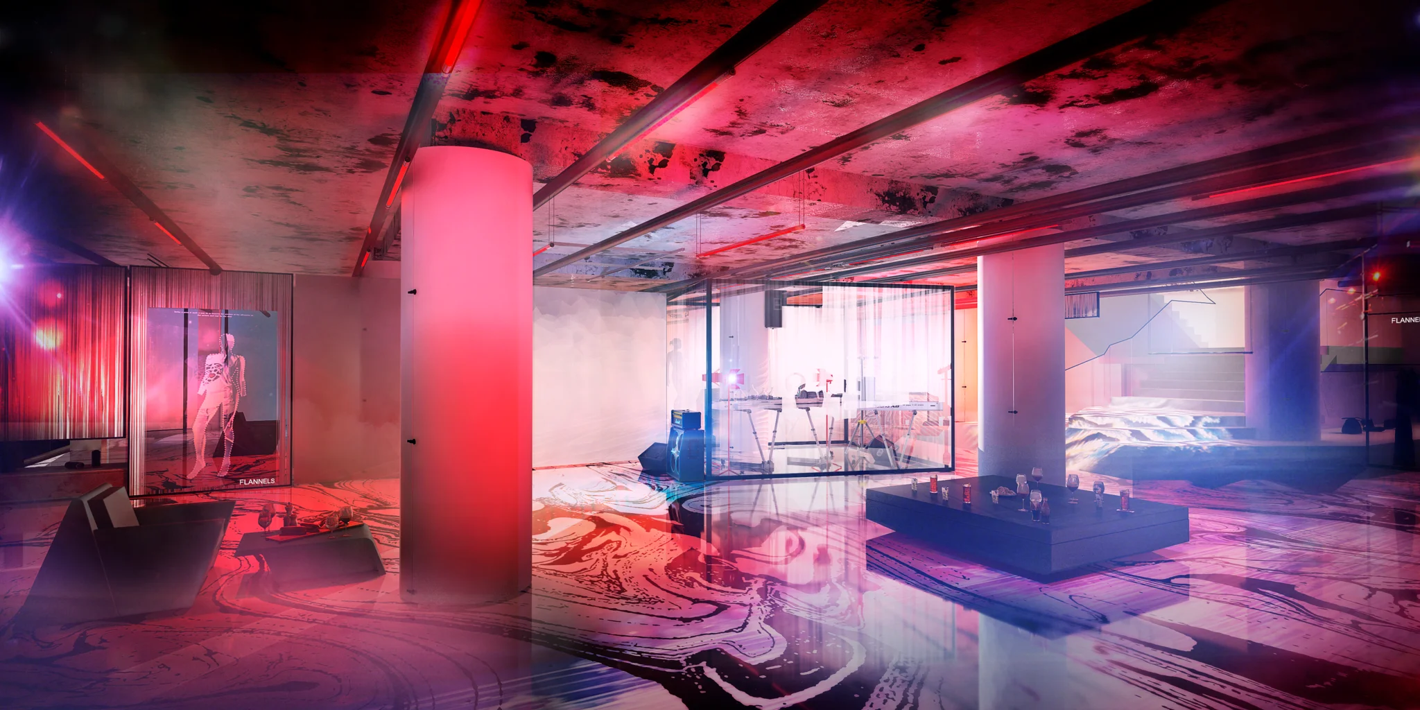 一个粉红色的开放空间的视觉效果，里面有低矮的咖啡桌、一套DJ设备和啤酒瓶。