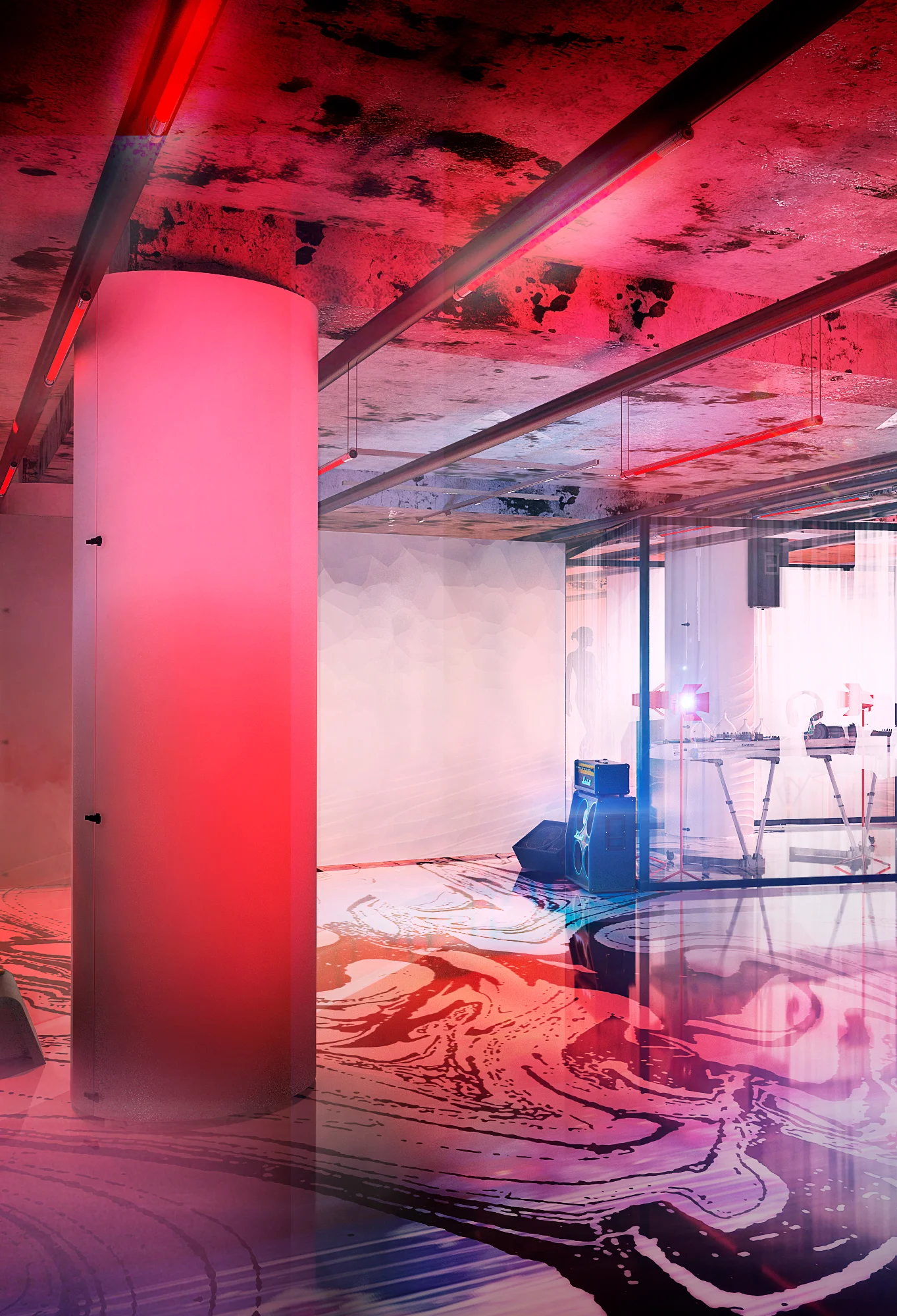 Pink night visual of an open space with low coffee tables, a DJ set & beer bottles