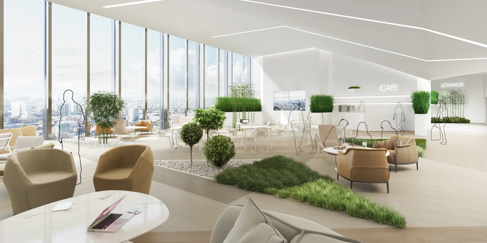 Business Lounge in a white atrium space with white & wicker furniture, planting and trees and wooden detailing