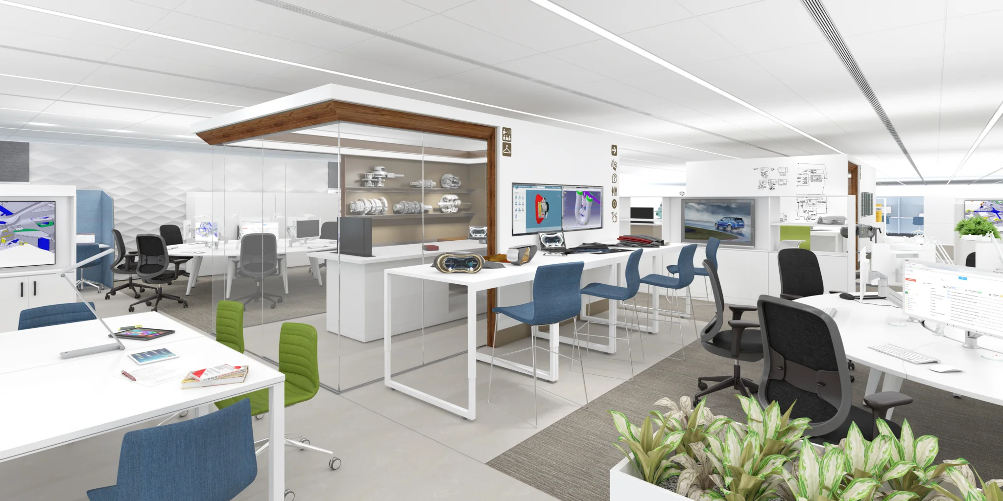 White open plan workspace with a variety of seating areas & desking, also showing a side view of the Accessory room