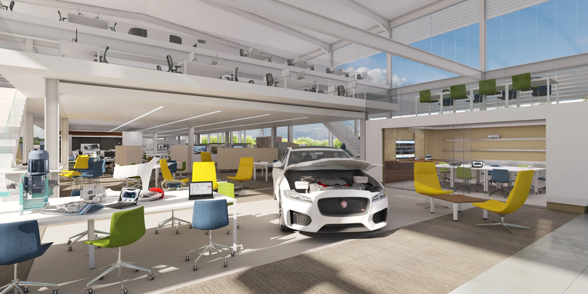 Jaguar vehicle with an open bonnet in the middle of an open plan workspace