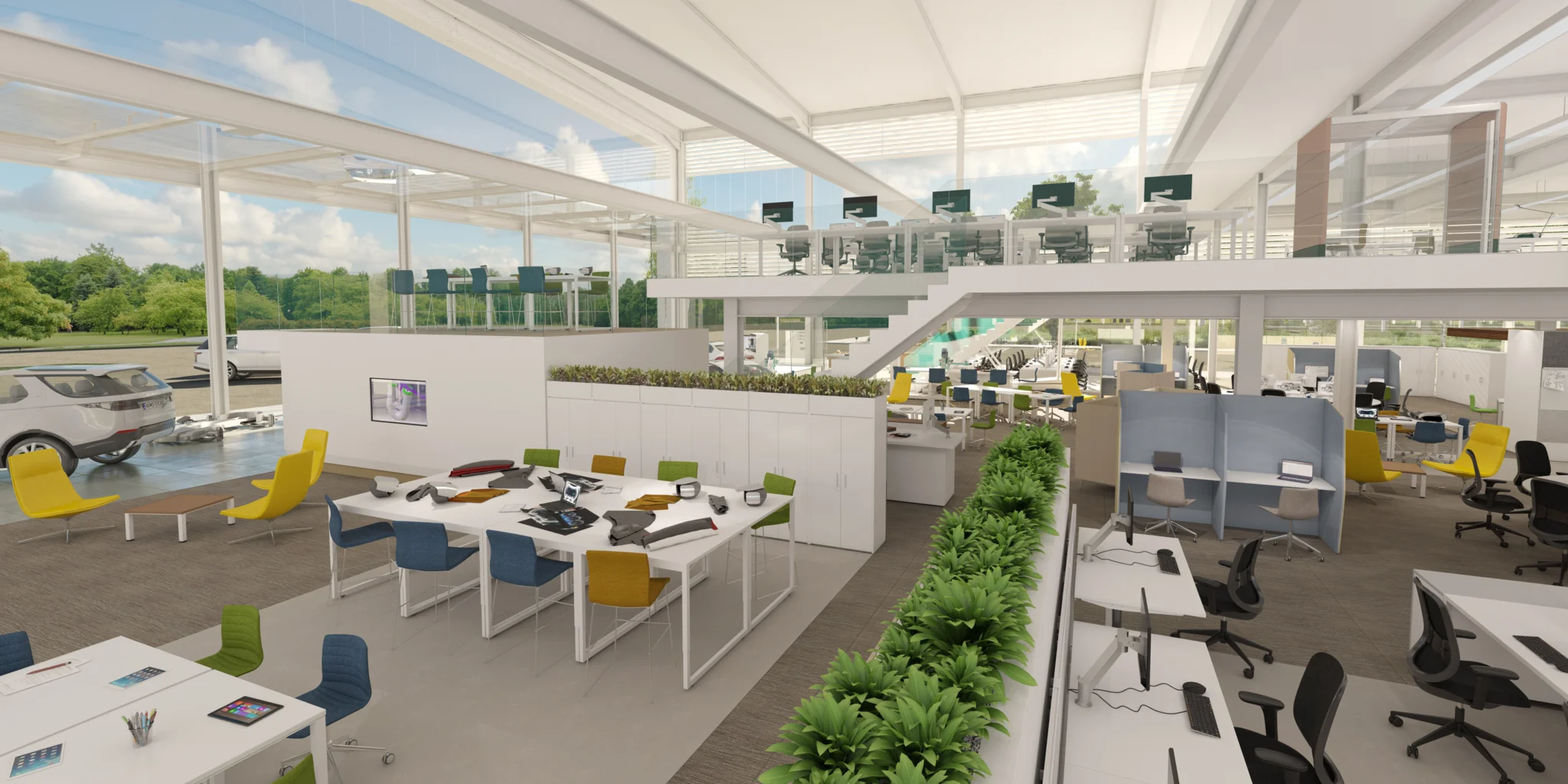 White double level open plan workspace with a variety of seating areas, desking and planting