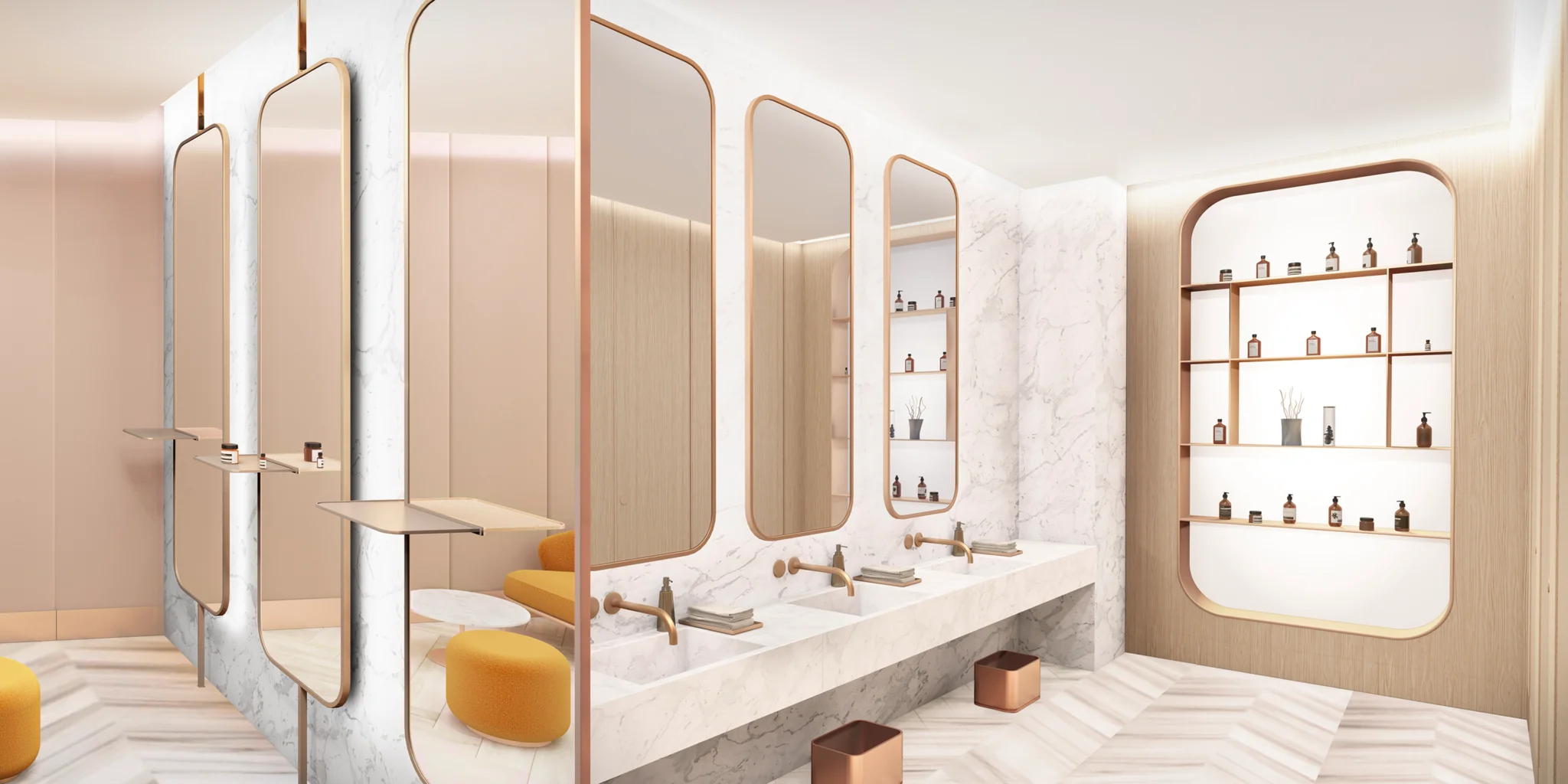 Bathroom with multiple sinks, mirrors and a shelf with body products to buy - all in a luxurious rose gold finish