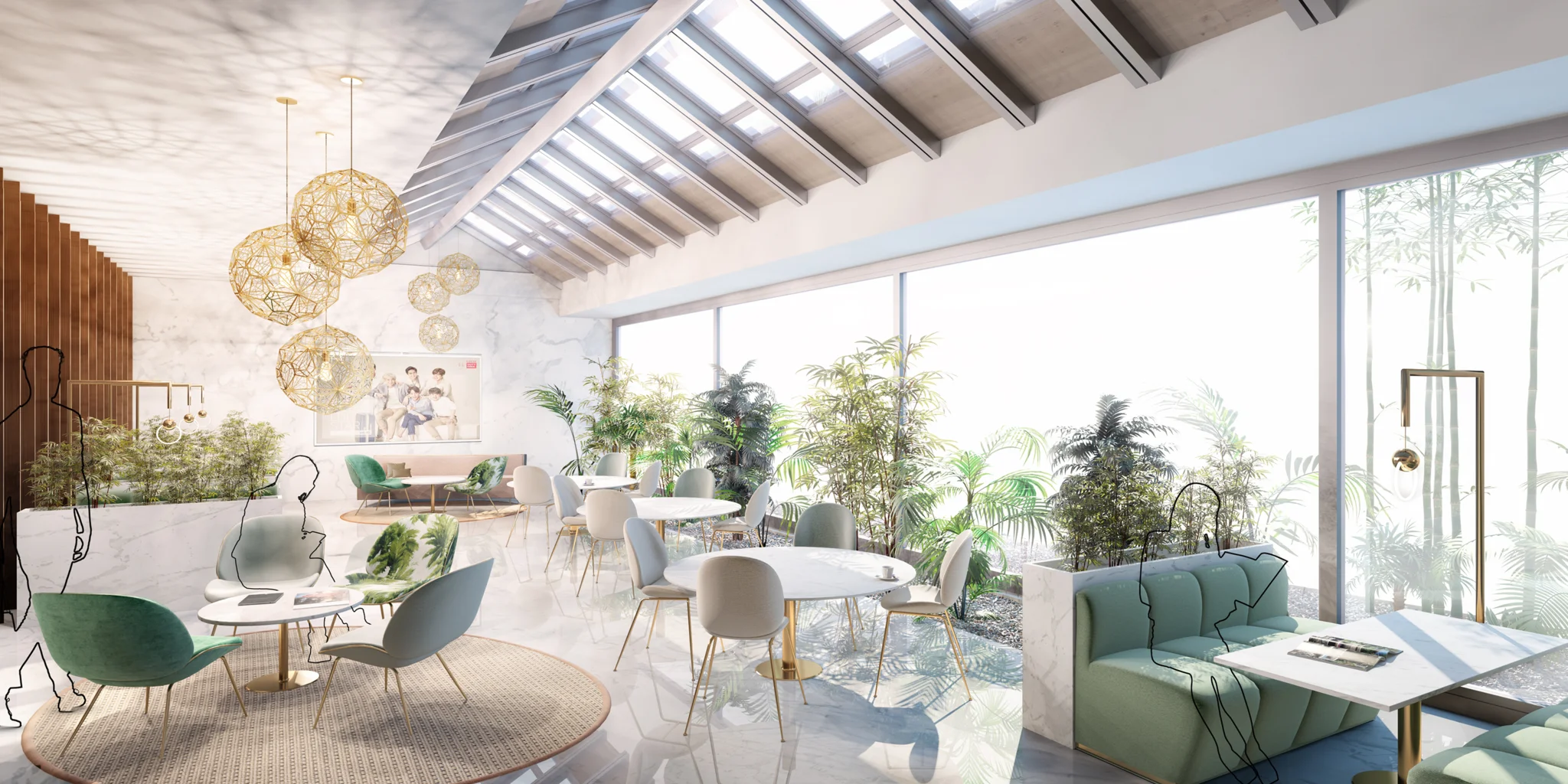 Light & airy cafe space with lots of natural planting of ferns and trees, with luxury finishes & light green chairs, tables and sofas