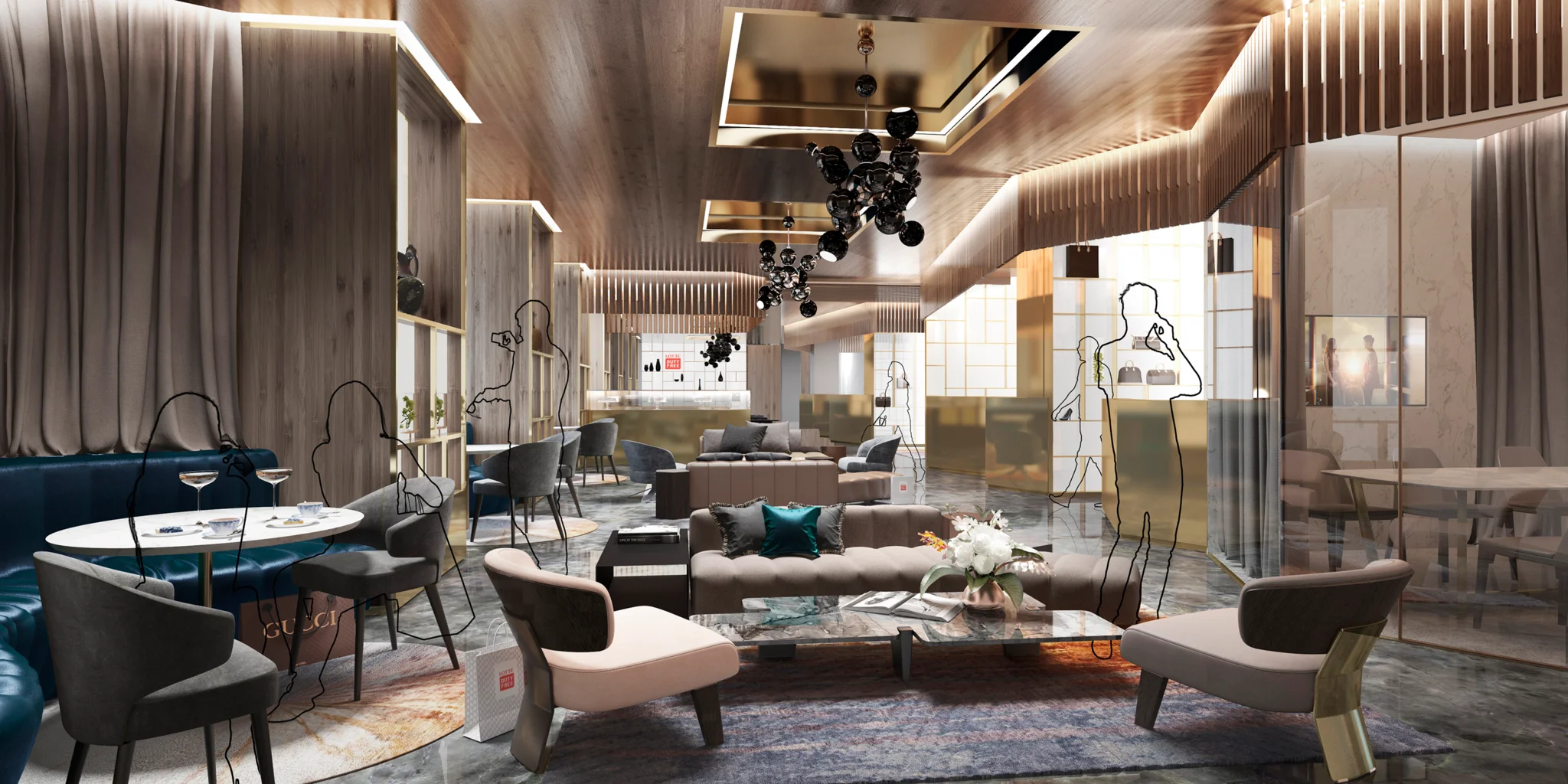 visual of a shopping lounge with Asian elements such as warm woods, with sumptuous textures & details