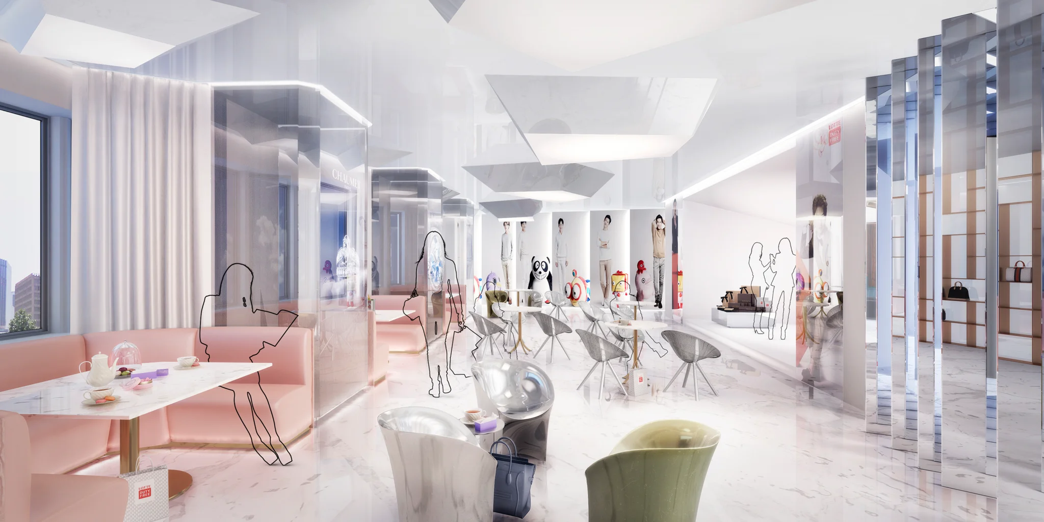 Cafe & events space with light pink booths, mirrors on the walls & silver chairs in the centre of the space