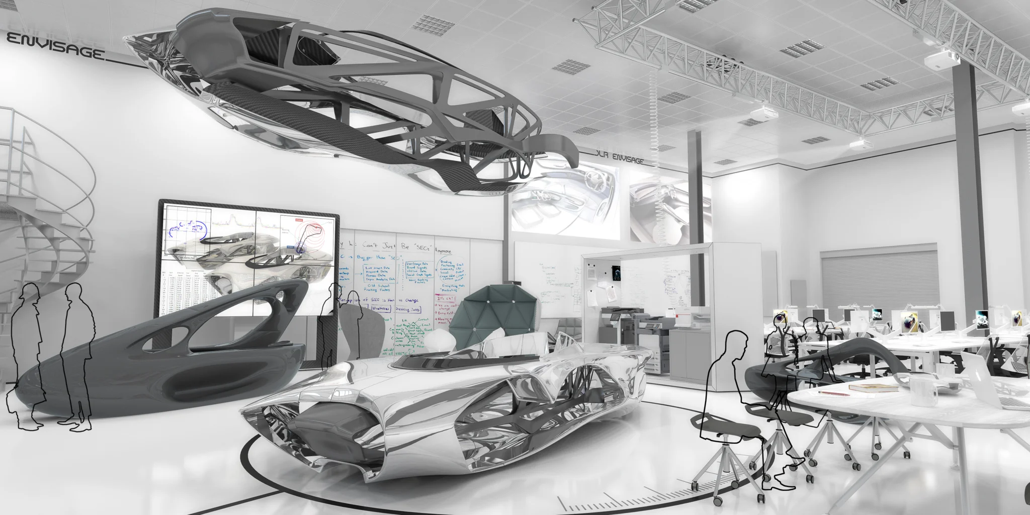 A grey minimal, sleek and futuristic workshop with a suspended car body hanging from the ceiling