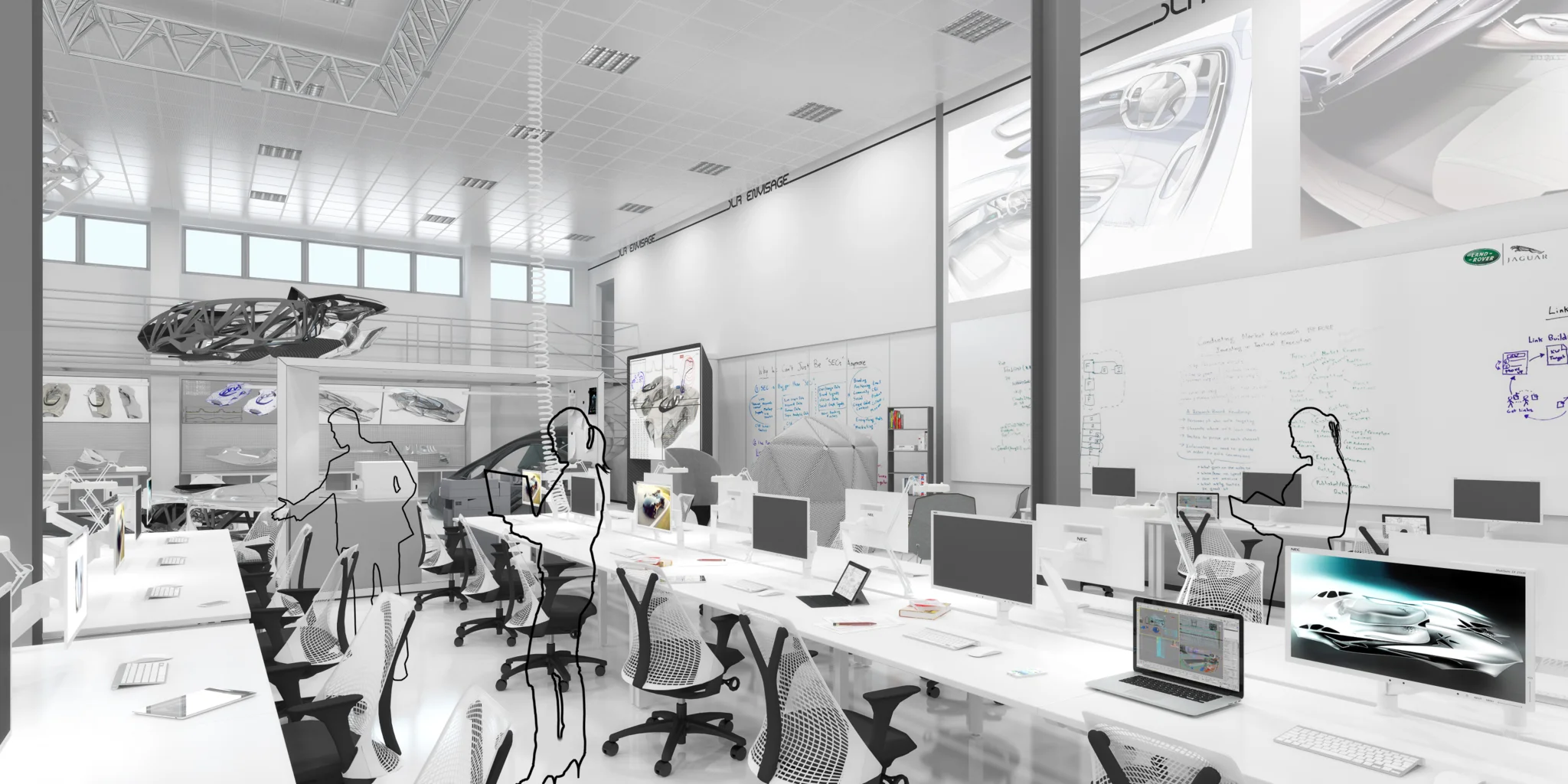 A grey minimal, sleek and futuristic workshop and workspace with desks, chairs and a suspended car body hanging from the ceiling in the background