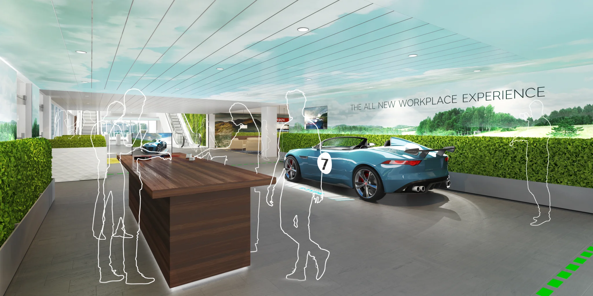 reception area with blue and white jaguar car & dark wood desk