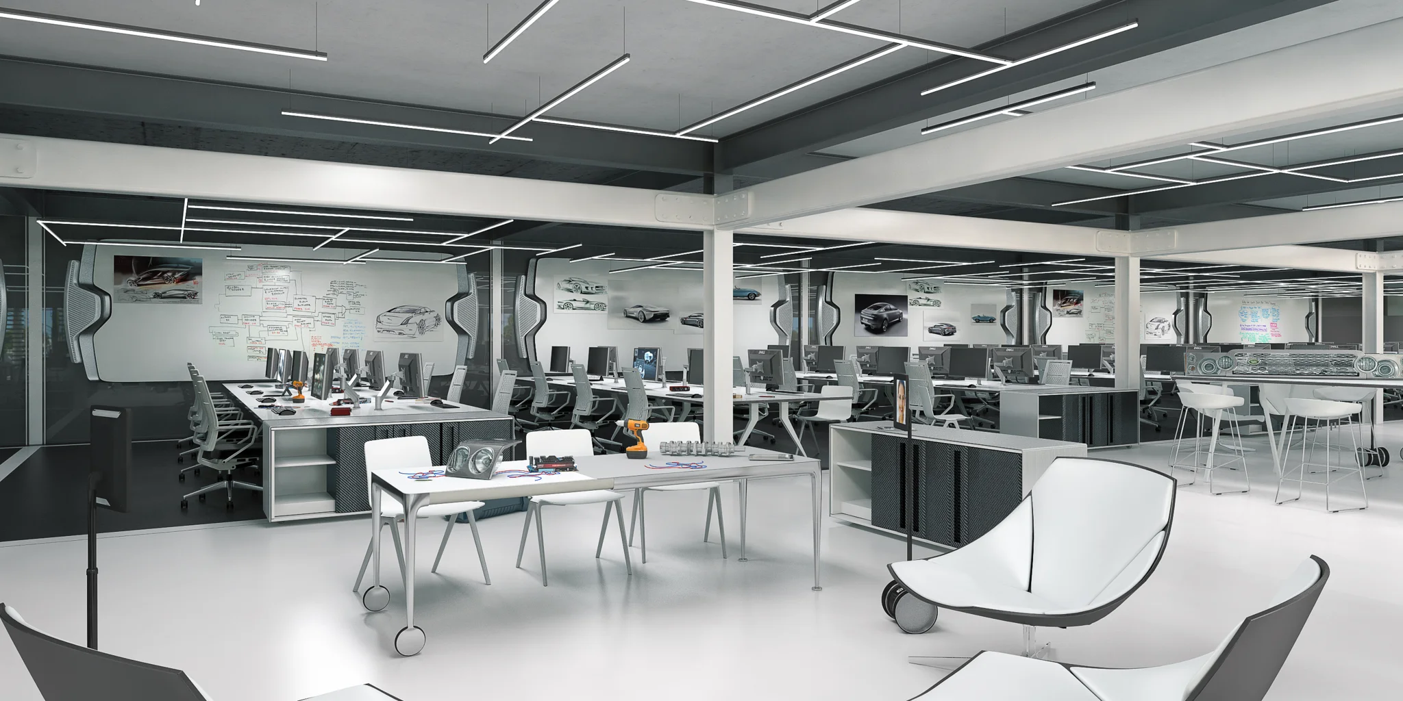 a grey sleek workspace featuring kit of parts movable sections