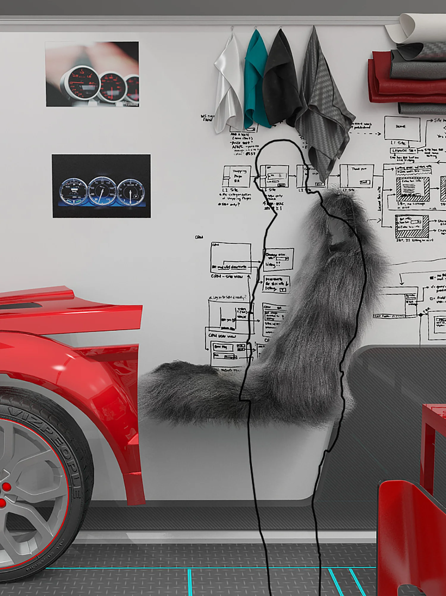 work board with drawings and and car parts on it
