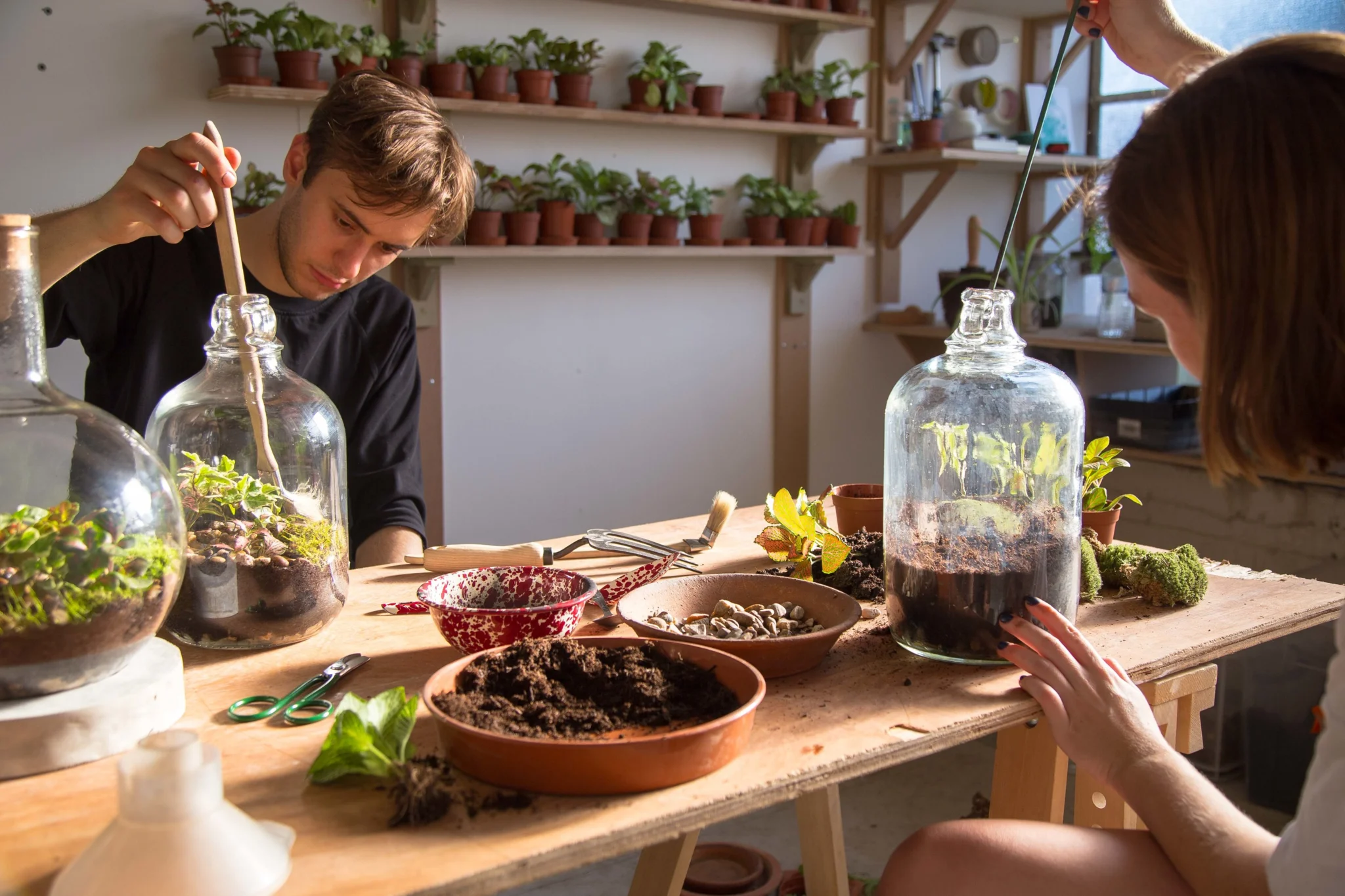 people at a workbenches making terrariums