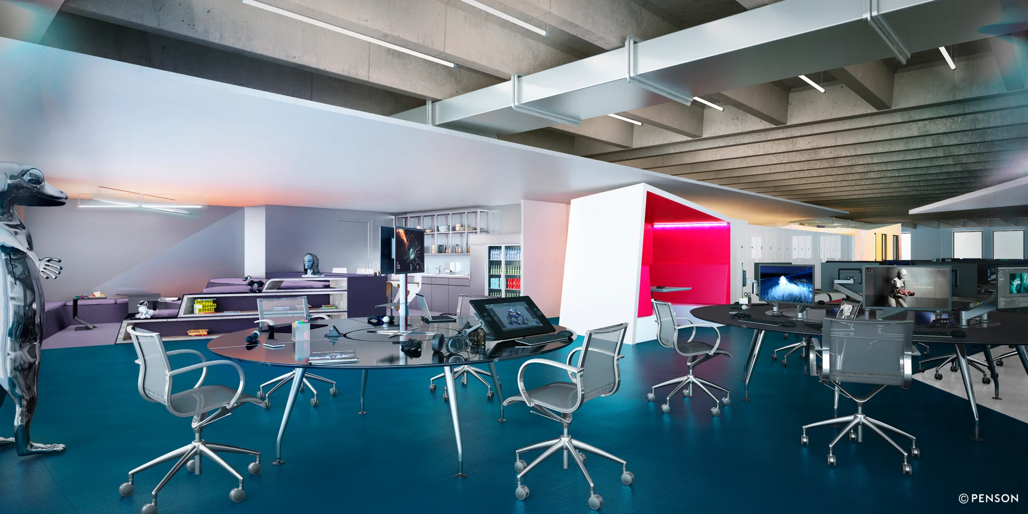 索尼PlayStation总部的工作空间，有明亮的粉红色展位、圆形办公桌和定制的休闲沙发