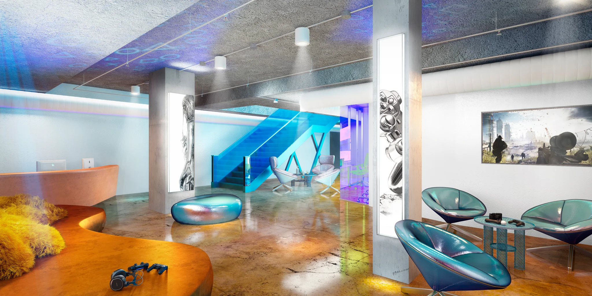 索尼PlayStation总部的地下室休息室有座位和透明家具