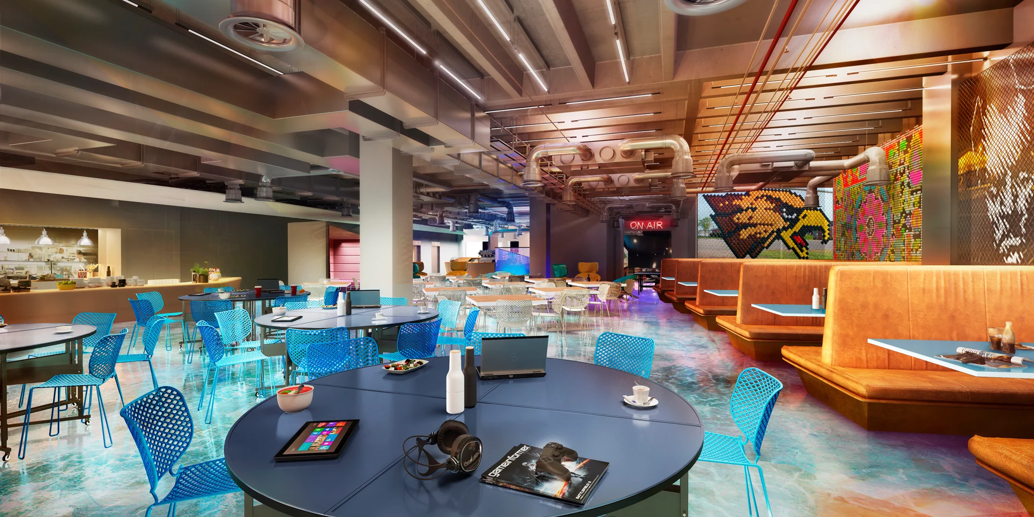 Sony PlayStation HQ cafe with booths, circular tables and eclectic artwork & colours
