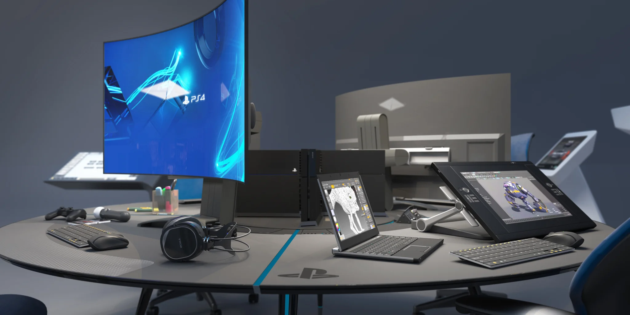 装有技术设备的圆形工作站，包括索尼的曲面屏幕，上面有PS4的照明。