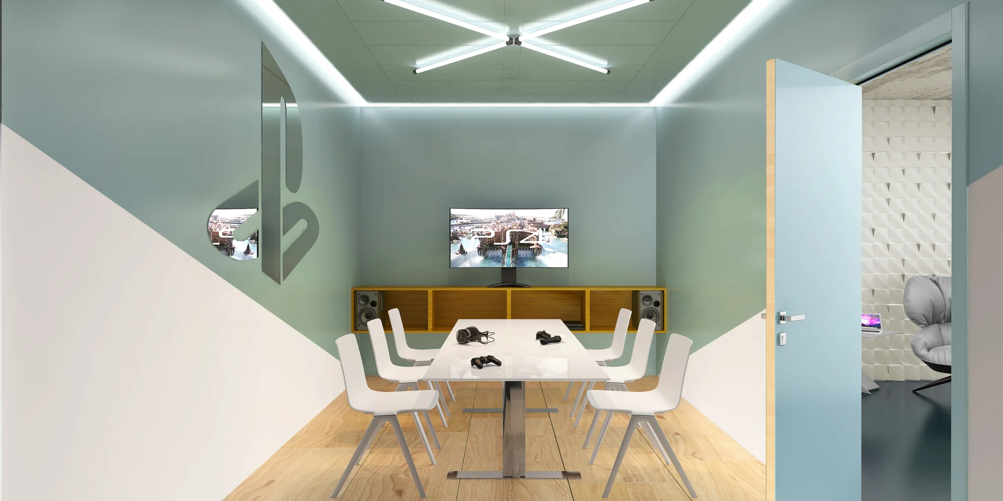 索尼PlayStation总部会议室，有长方形的桌子、椅子和带索尼屏幕的文件柜