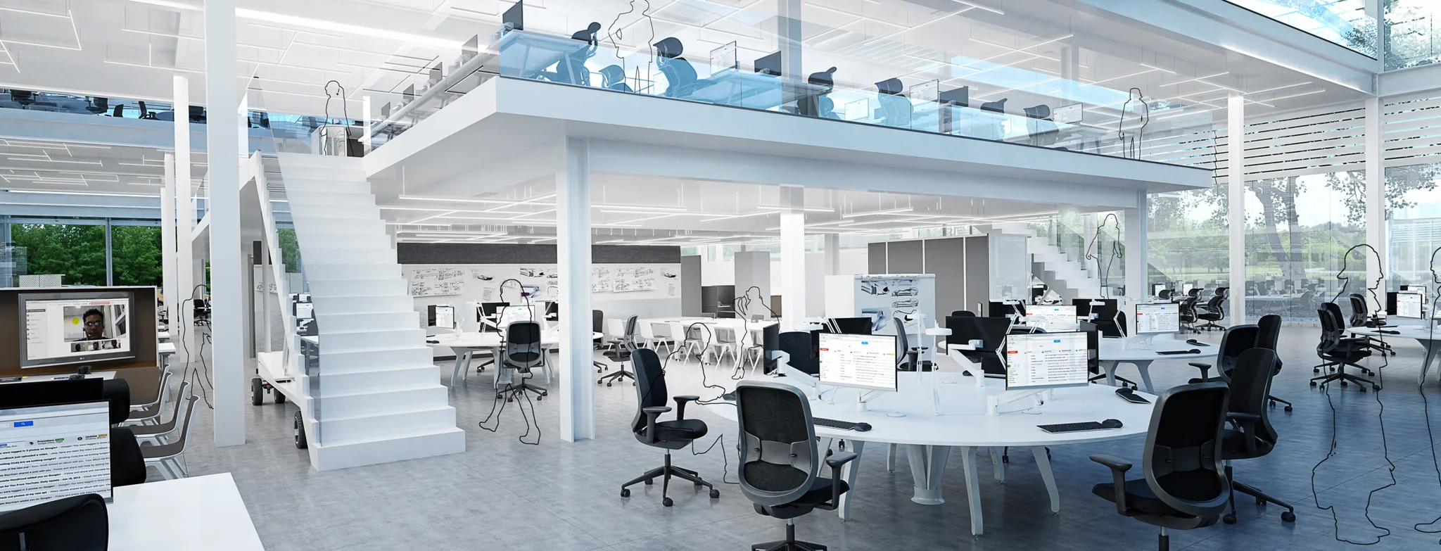 White open plan workspace with a variety of seating areas and desking