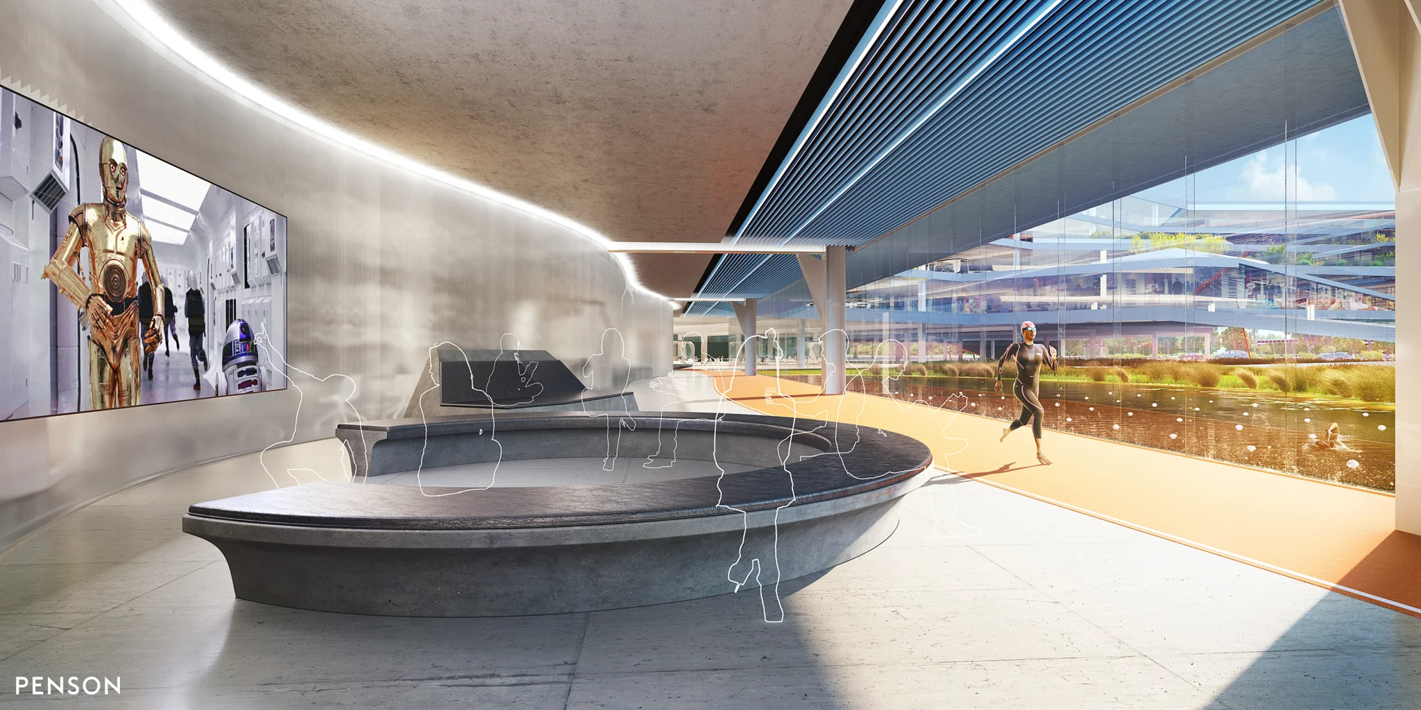 PENSON visual of the THG entrance social area with concrete effect circular sofas & internal running track