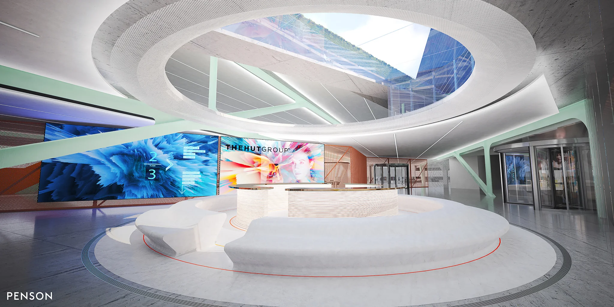 penson visual of THG double-height reception with white circular seat & large screens behind