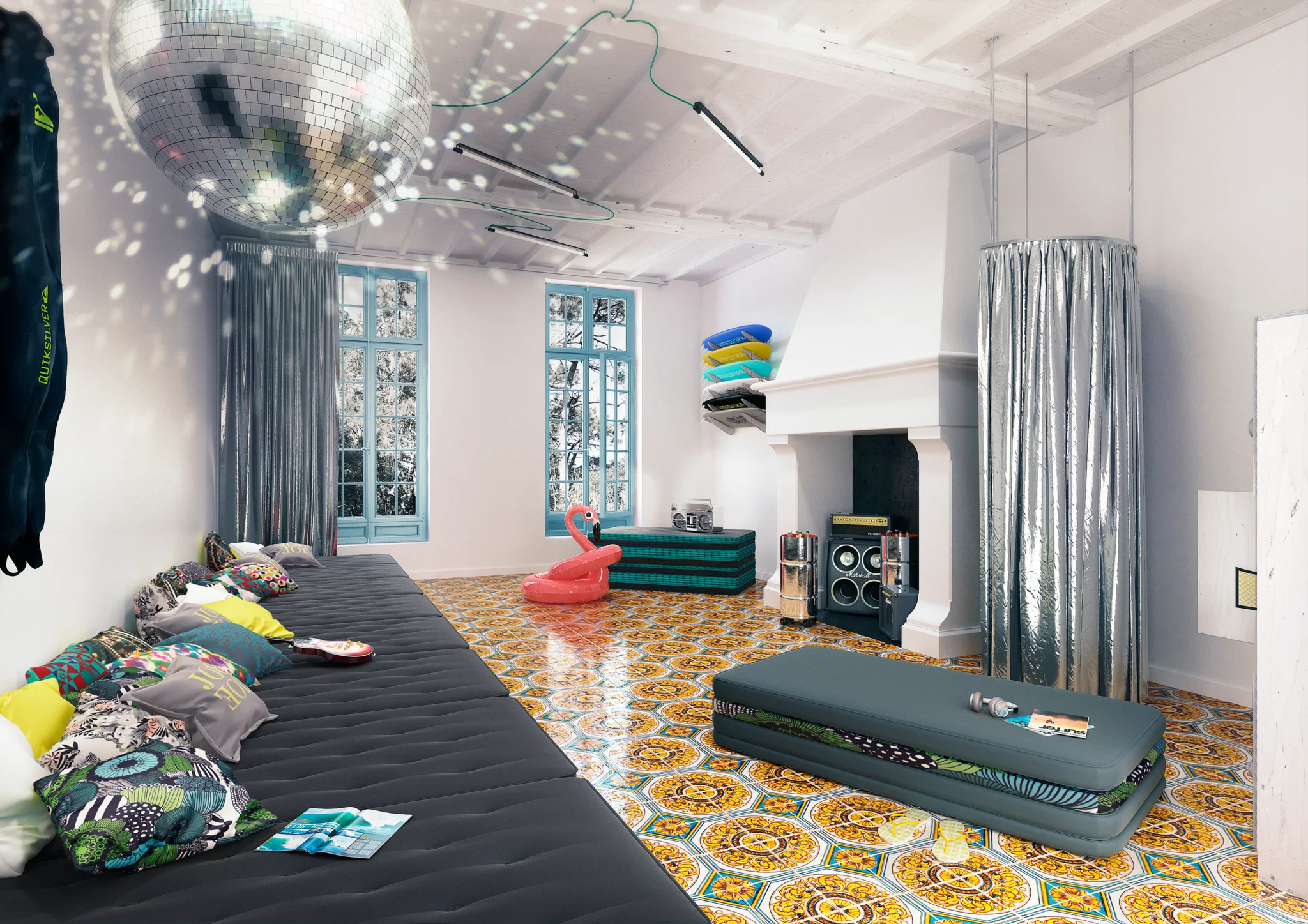 A white room with floor to ceiling windows, stacked surf boards, a long dark-coloured bed, cushions, a large disco ball on the ceiling, a metallic curtain for changing & an inflatable flamingo