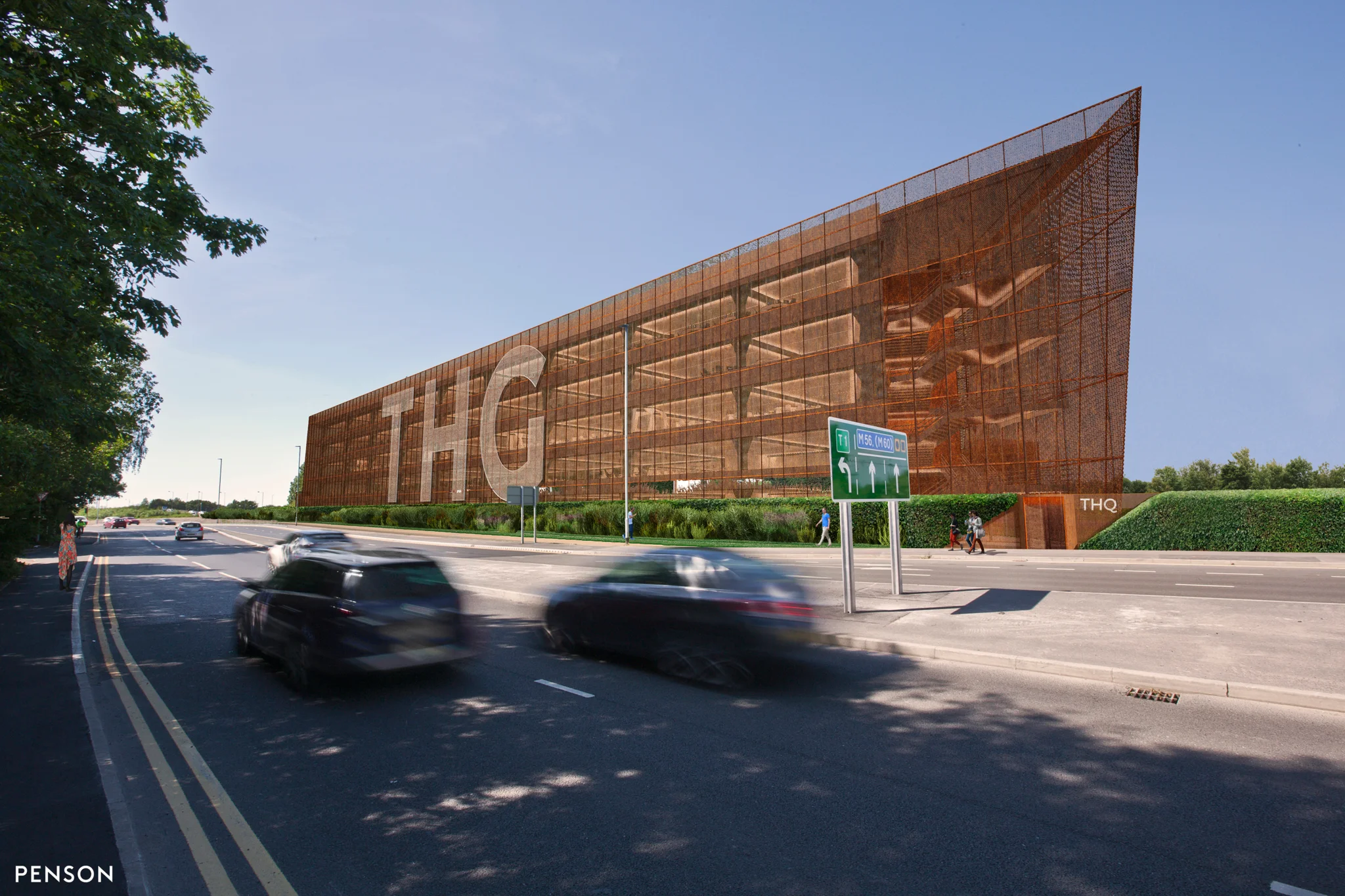 PENSON visual of the THQ THG campus with a rusted metal mesh facade situated on the corner of a busy street
