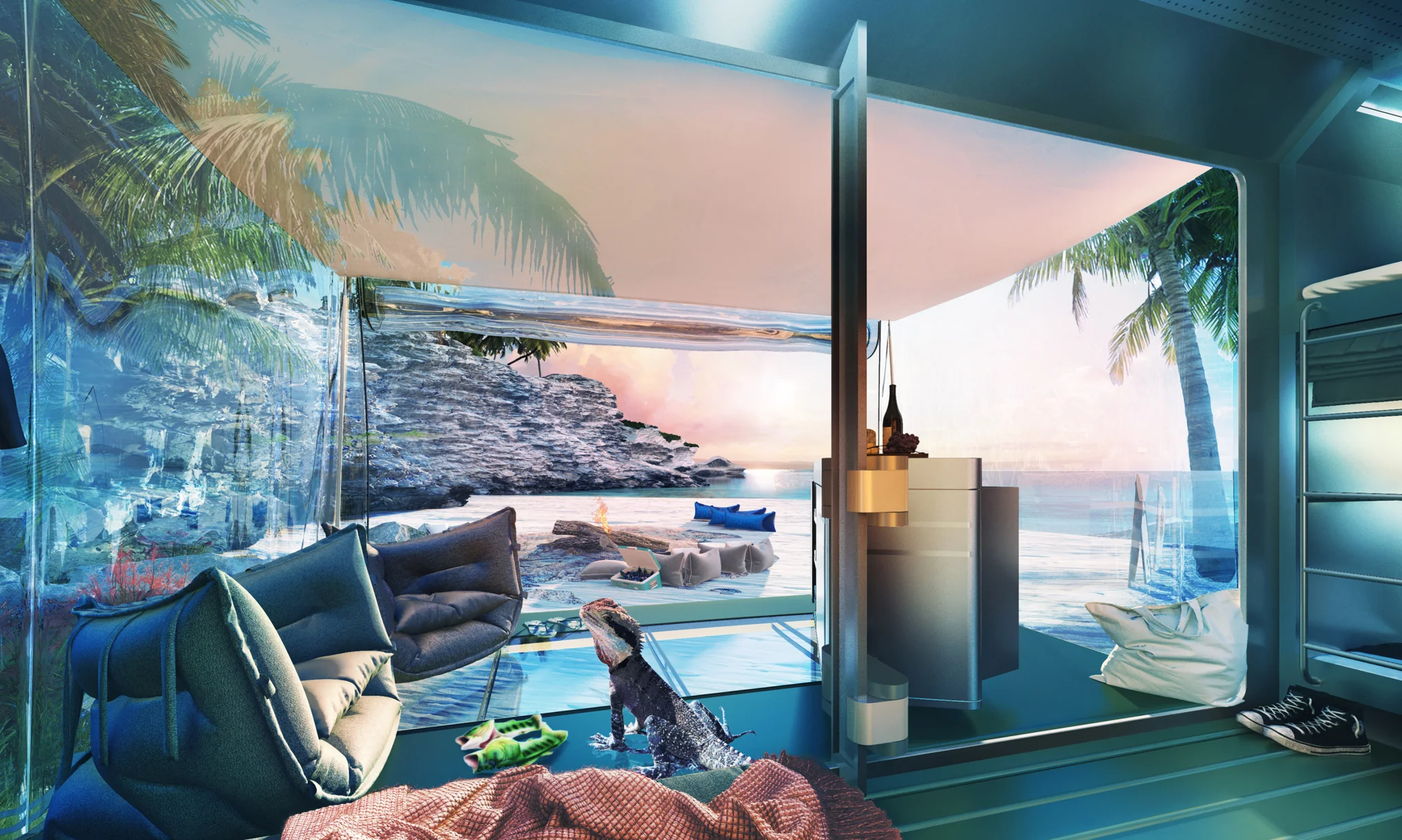 从阁楼内部向外看的热带海滩景色，显示了底层、鬣狗和厨房单元的饮料。