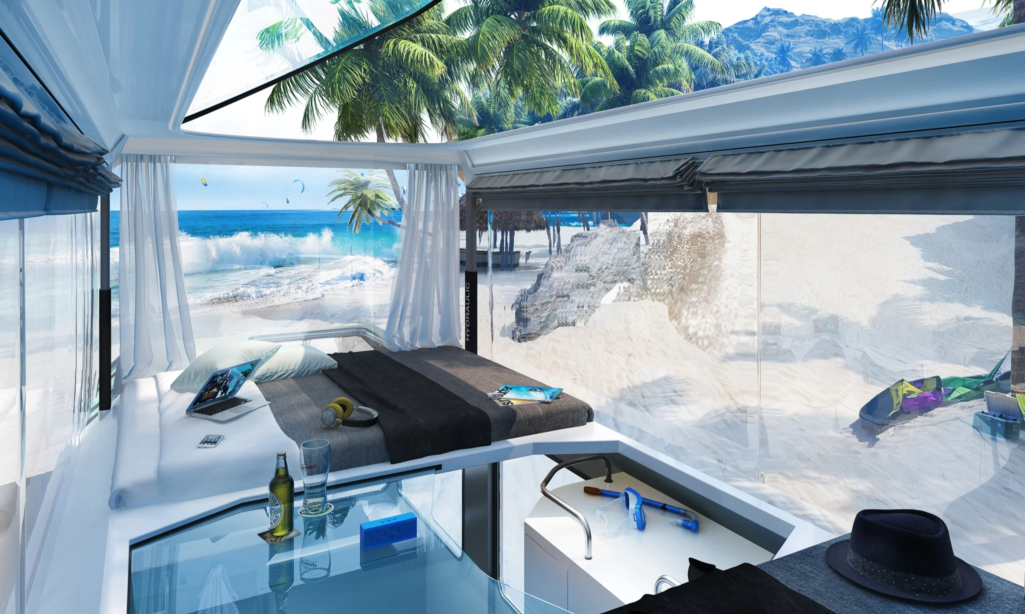 从阁楼内部向外看的热带海滩景色，前景是一张床。