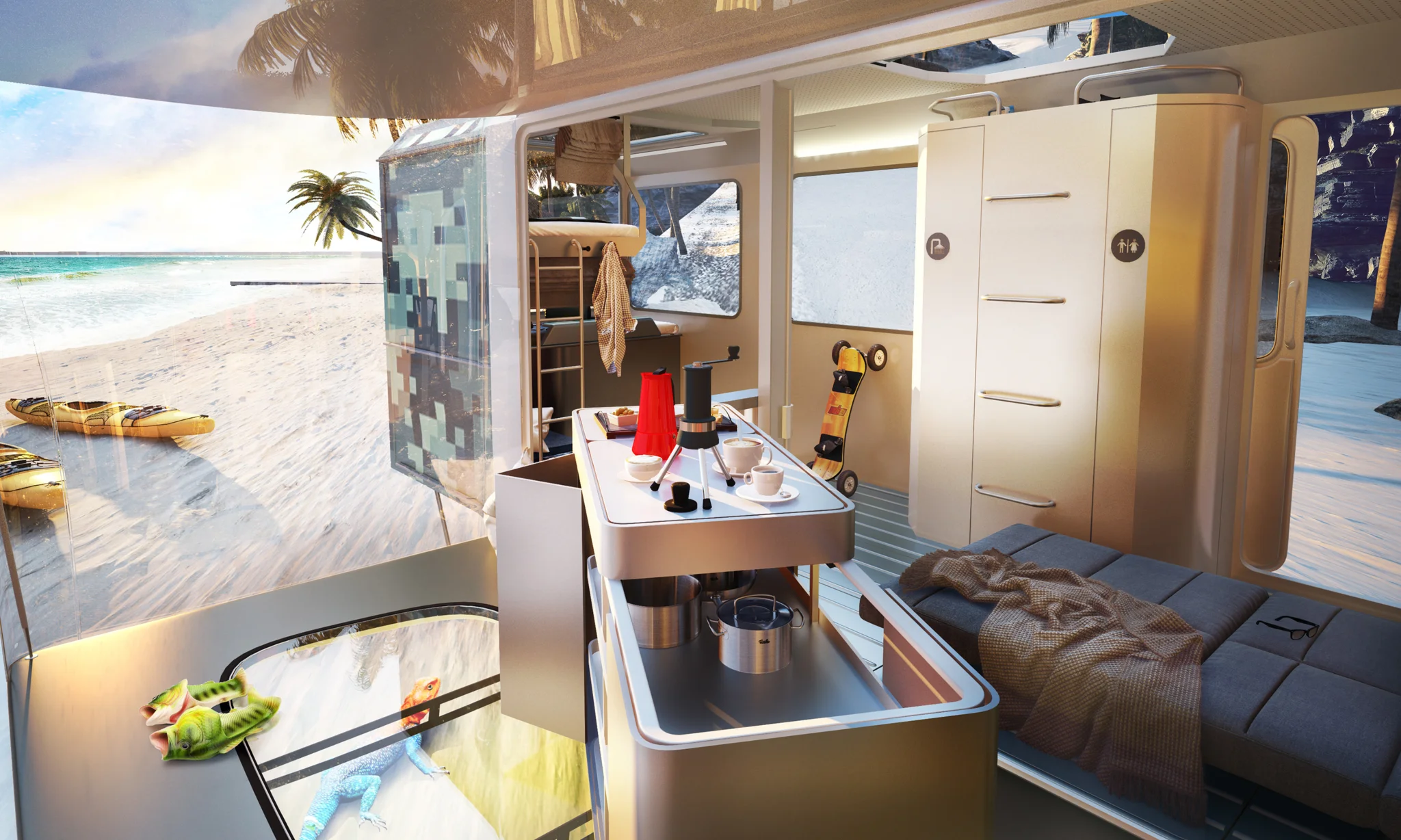 从阁楼内部向外看的热带海滩景色，显示了厨房单元、一张床、一个滑板和通往高层的梯子。