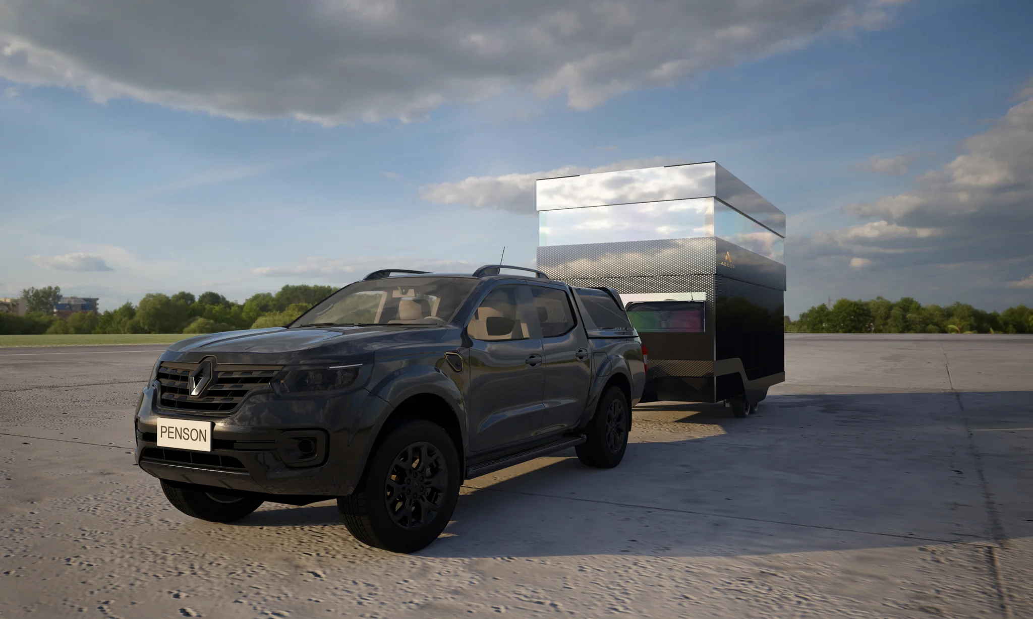 前面是一辆四轮驱动的汽车，后面是被拖走的阁楼