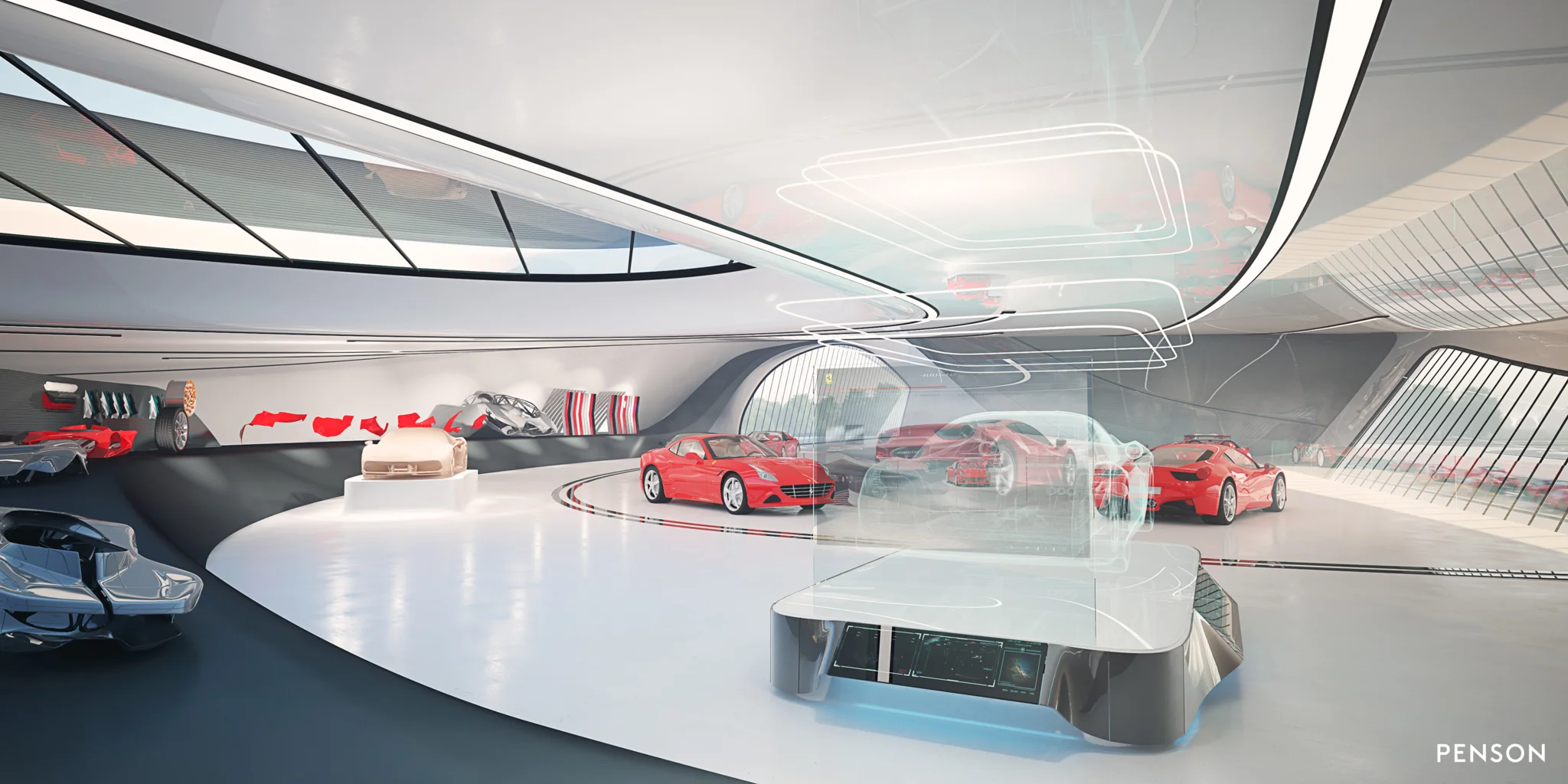 Red Ferrari cars in a white glossy museum space