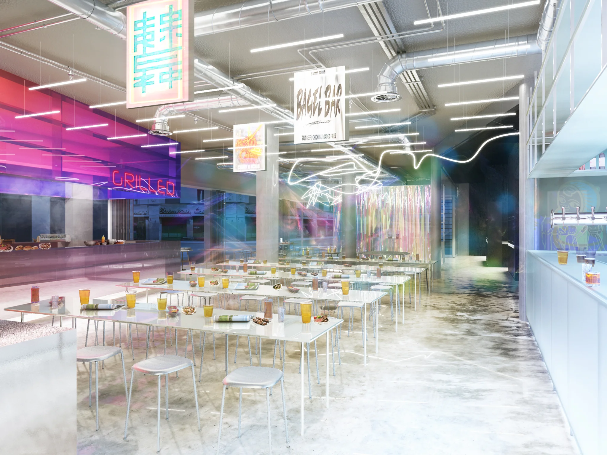 a Japanese-style designed bar & restaurant space with long white tables & chairs & Japanese signs suspended from the ceiling