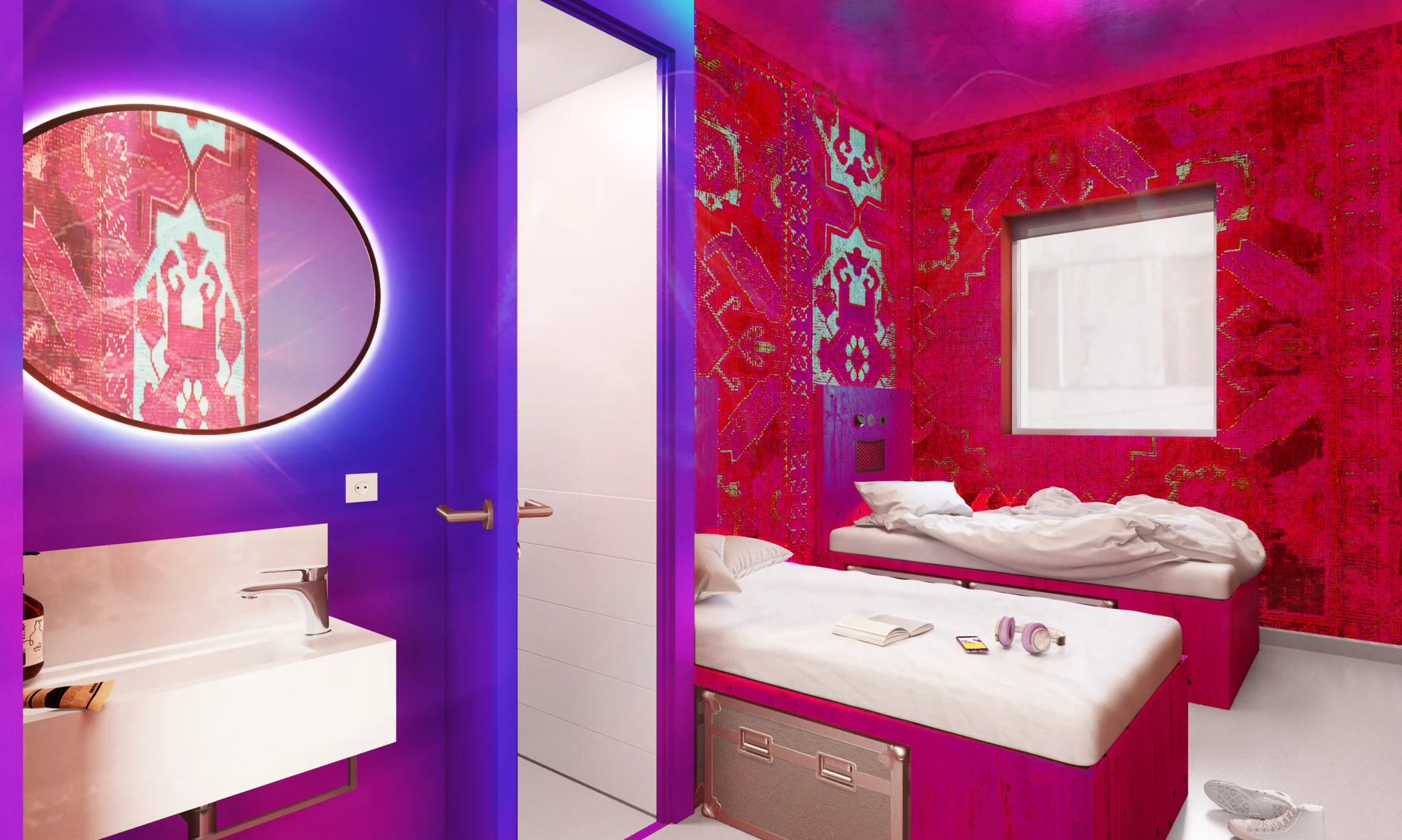 A bright pink & purple bedroom with two beds, sink in the foreground & a purple door leading to ensuite bathroom