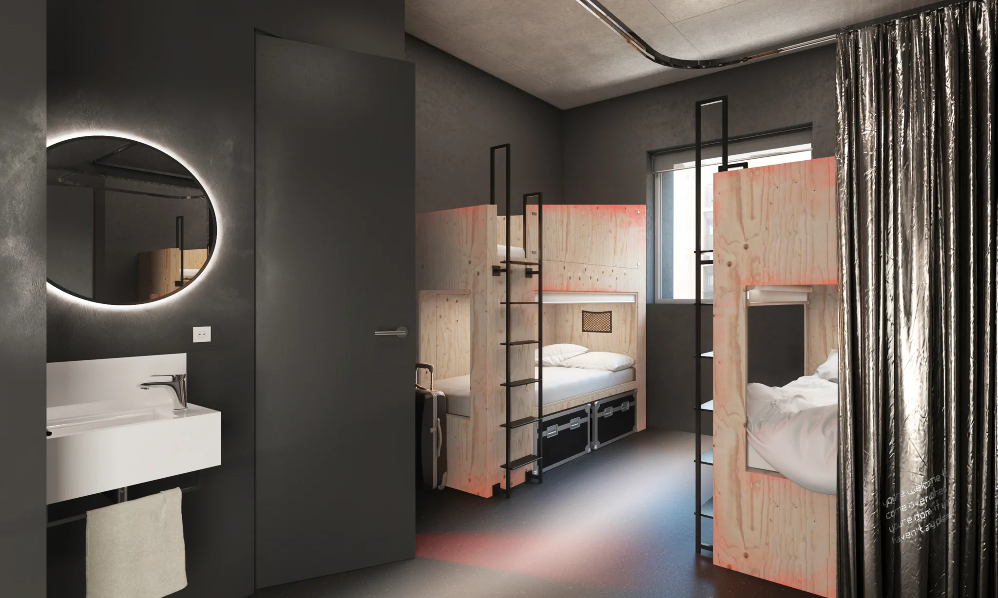 charcoal coloured bedroom walls with two light coloured wooden dorm-style bunkbeds with black ladders, a sink & circular mirror in the foreground & a black door leading to ensuite bathroom