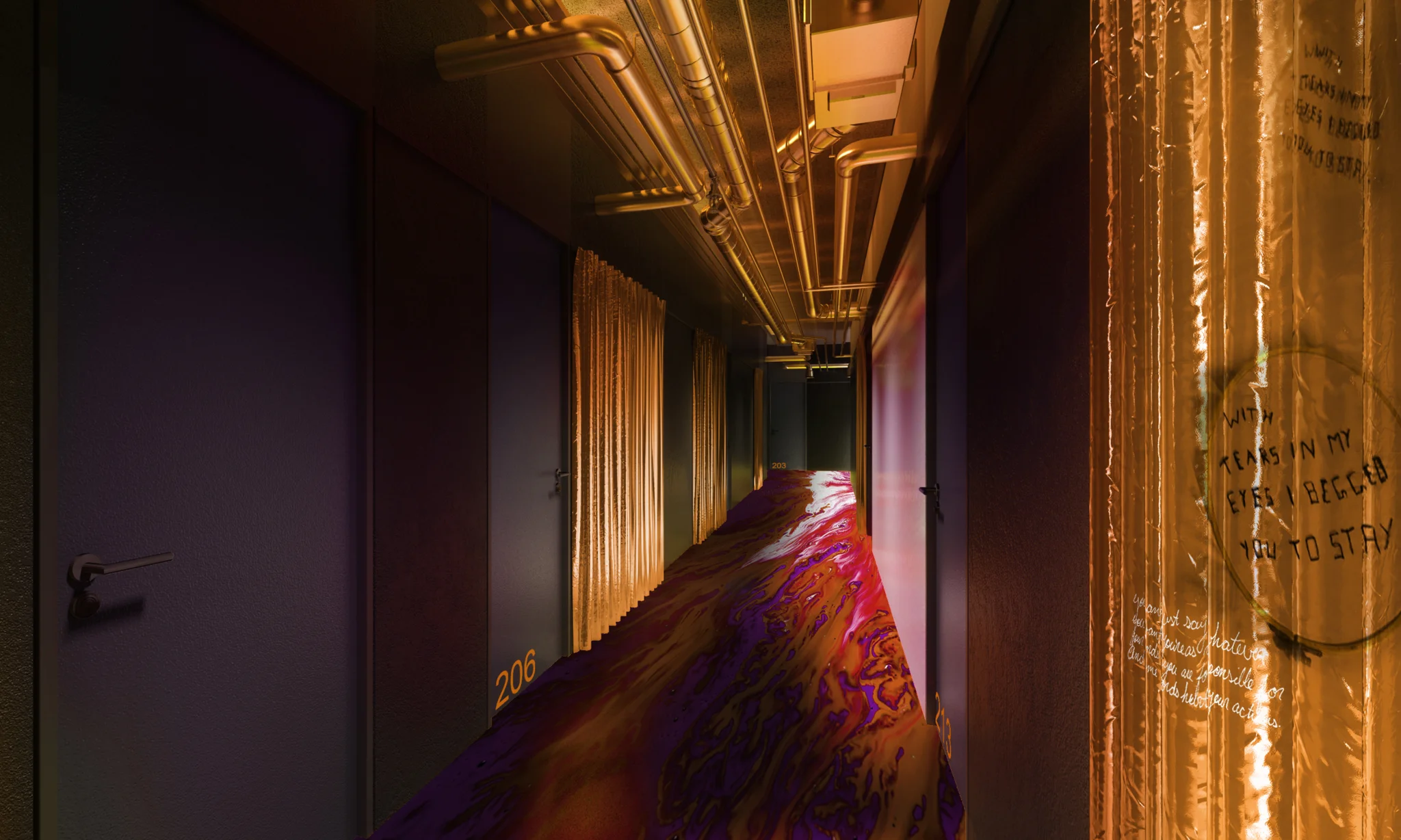 A darkly coloured & lit corridor with luxe gold detailing and a pink, red & purple swirly patterned floor. Graffiti type writing on the wall reads: 'with tears in my eyes i begged you to stay'