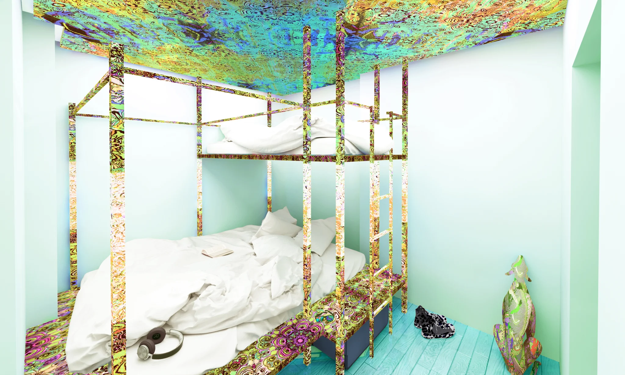 A bedroom dorm room in daytime with multi-coloured artwork interlaced on a bunkbed frame and over the entire ceiling