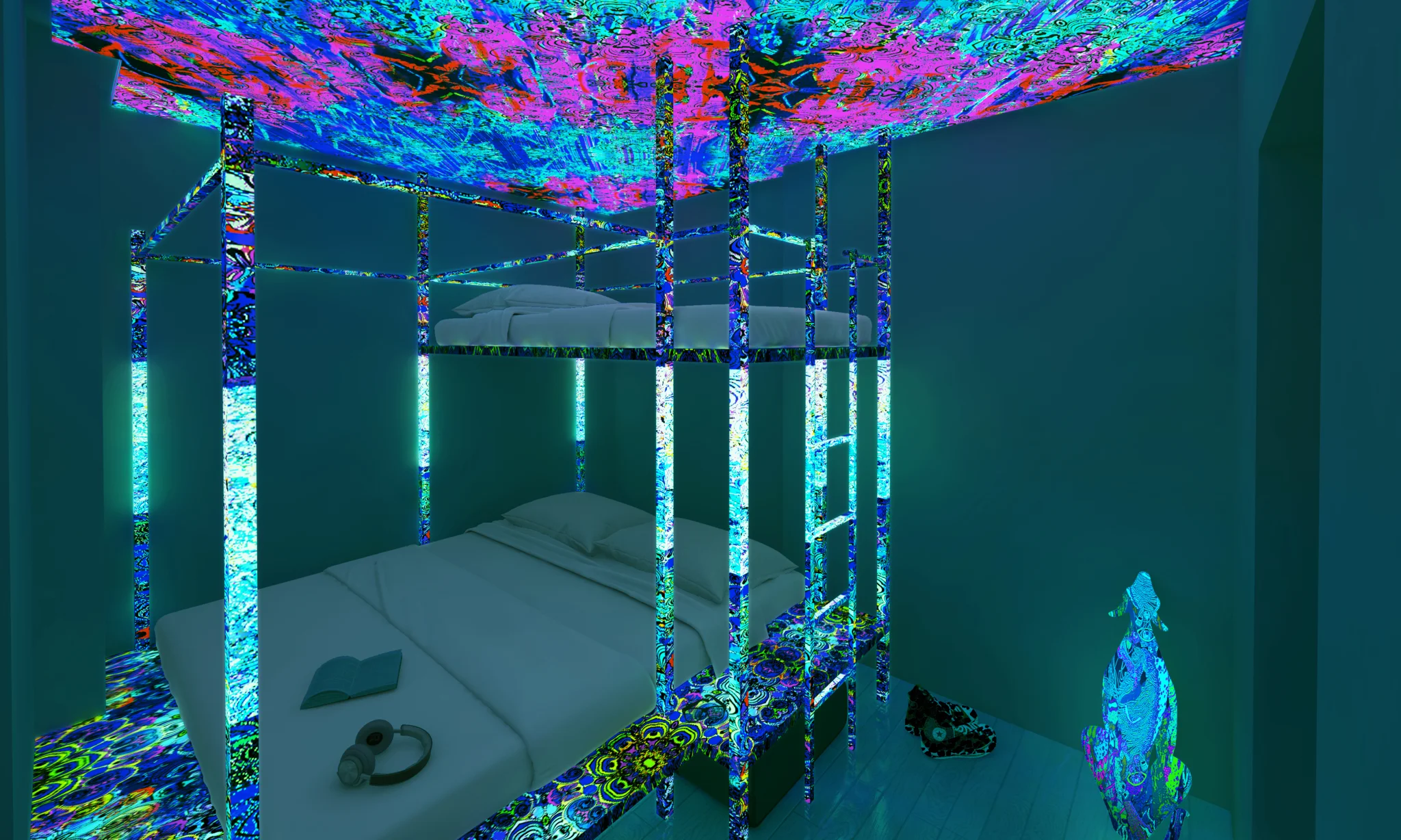 A bedroom dorm room at night time is lit by blue, purple and green neon lights on bunk bed frames and an artsy scene is illuminated on the bedroom ceiling
