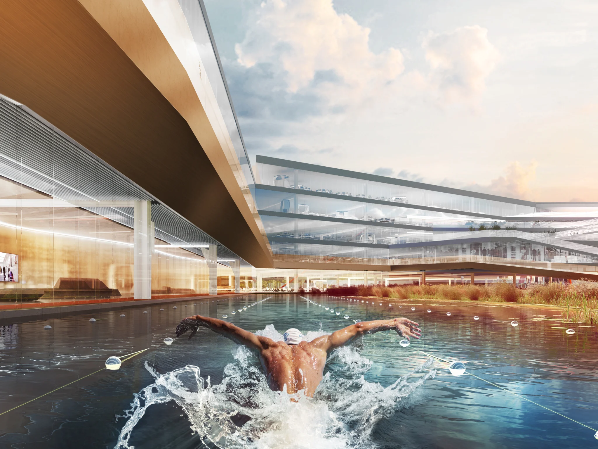 A swimmer swimming in a pool surrounded by a large glass layered HQ building with a gold balcony above