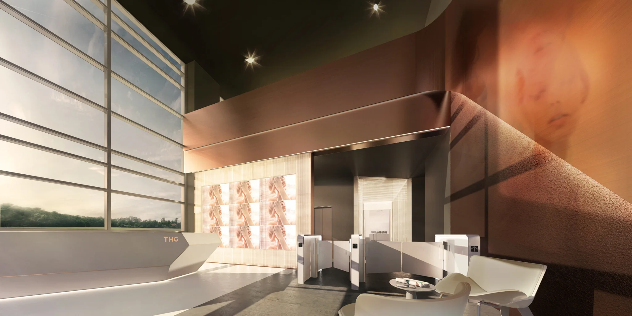 Icon工作室接待处有白色接待台和入口通道