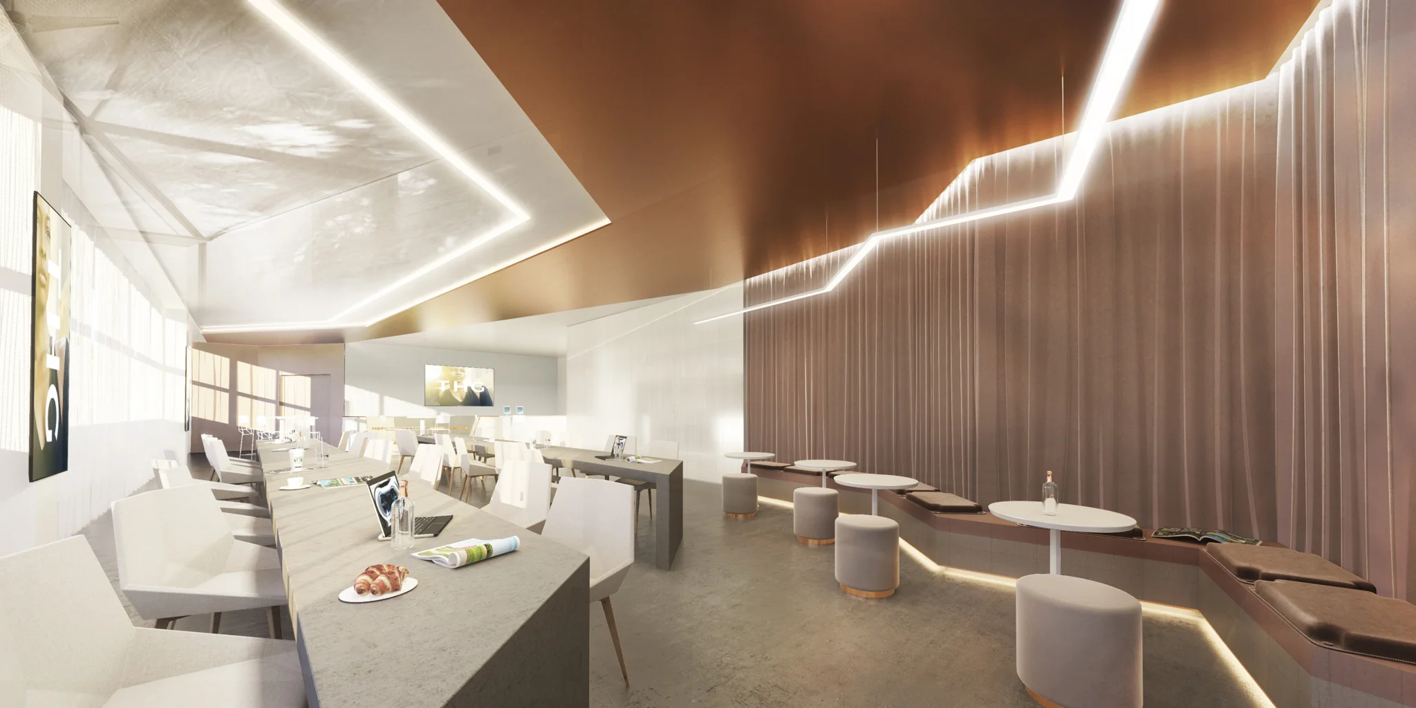 一个有桌子和座位及LED照明的餐厅