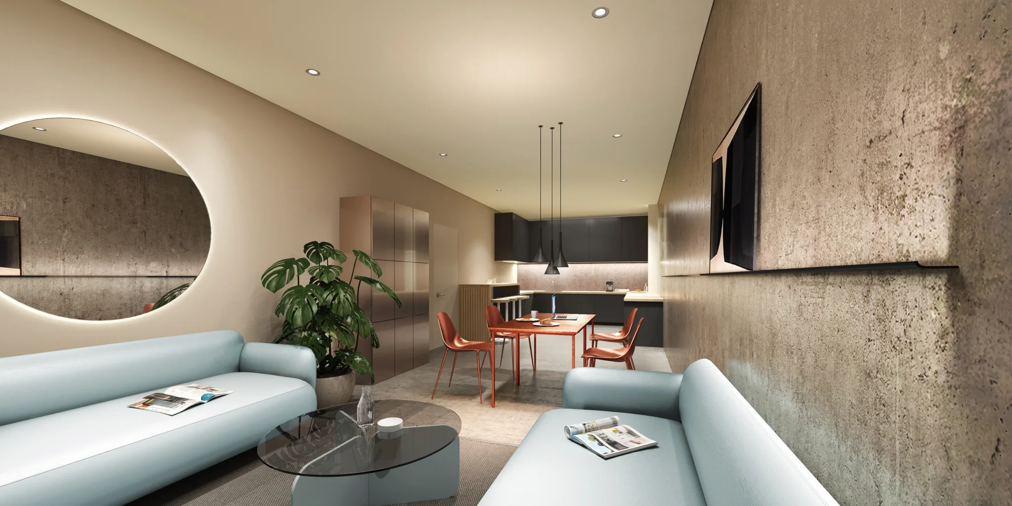 一个温暖的米色房间，有两个淡蓝色的沙发和红色的金属桌椅以及黑色的厨房