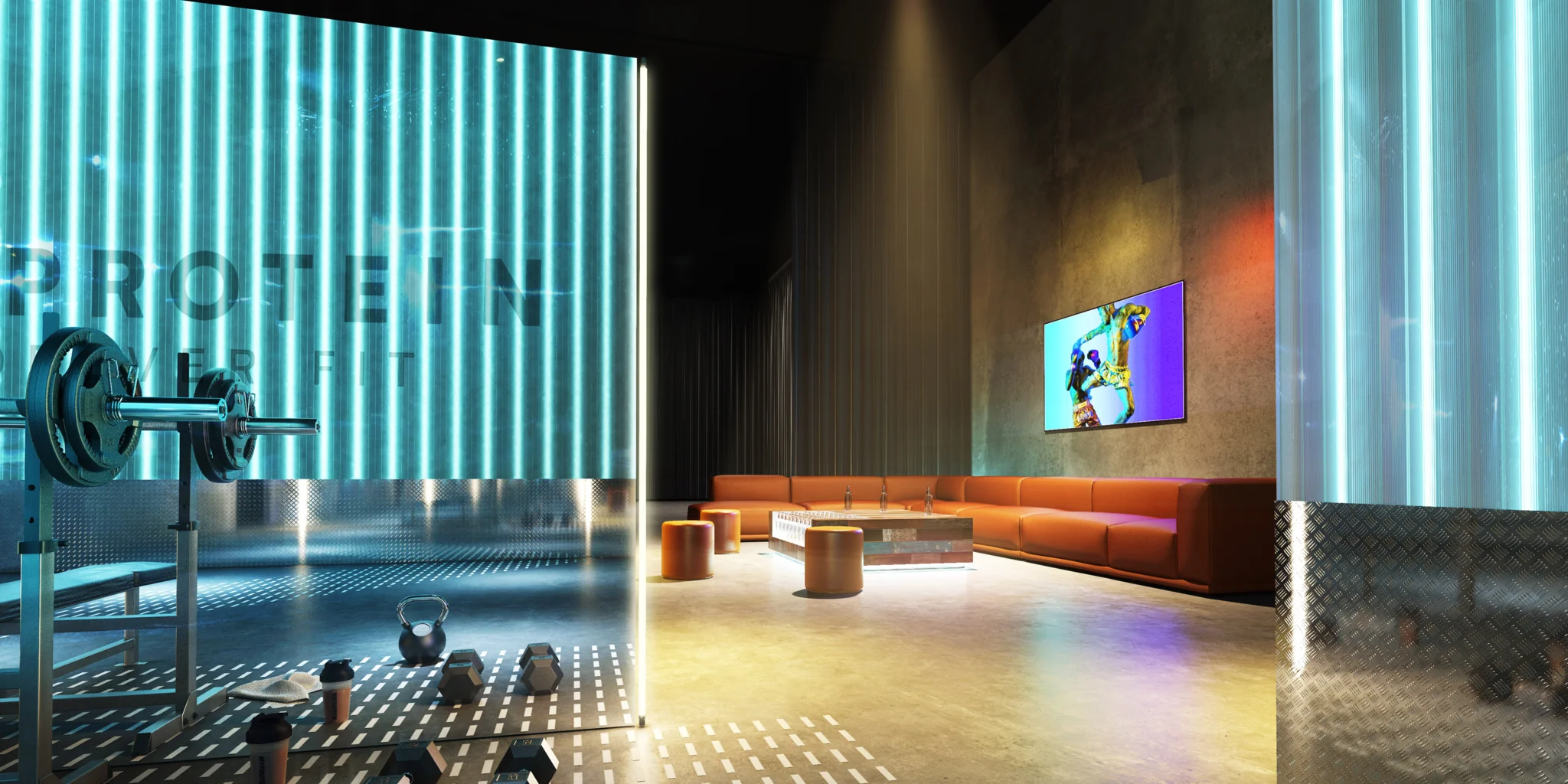 墙上写着 "蛋白质 "的健身房，以及墙上的棕色皮革低位沙发和电视屏幕。