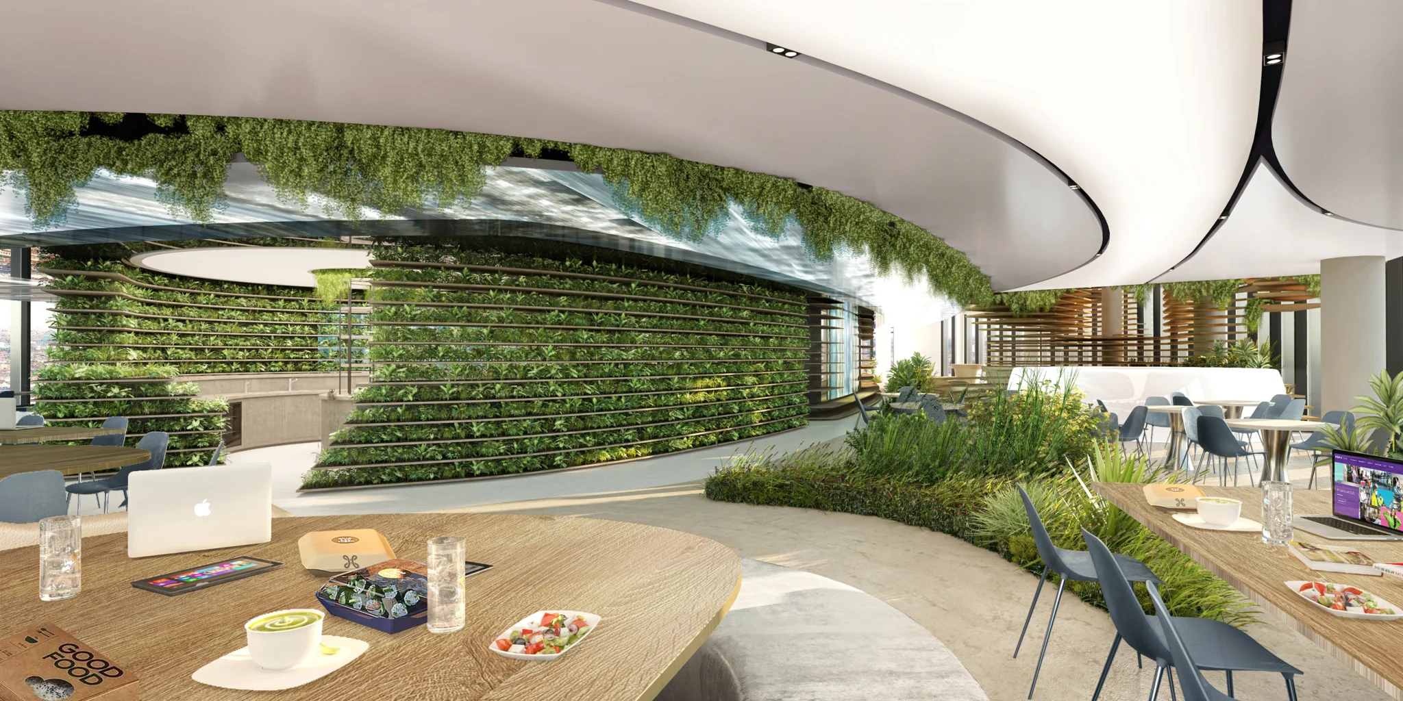 Proximus总部的咖啡馆、桌椅和绿色种植屏风