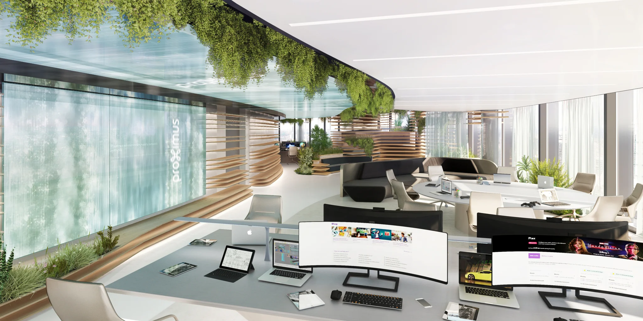 Proximus总部的工作桌、大型平板电脑和IT技术。