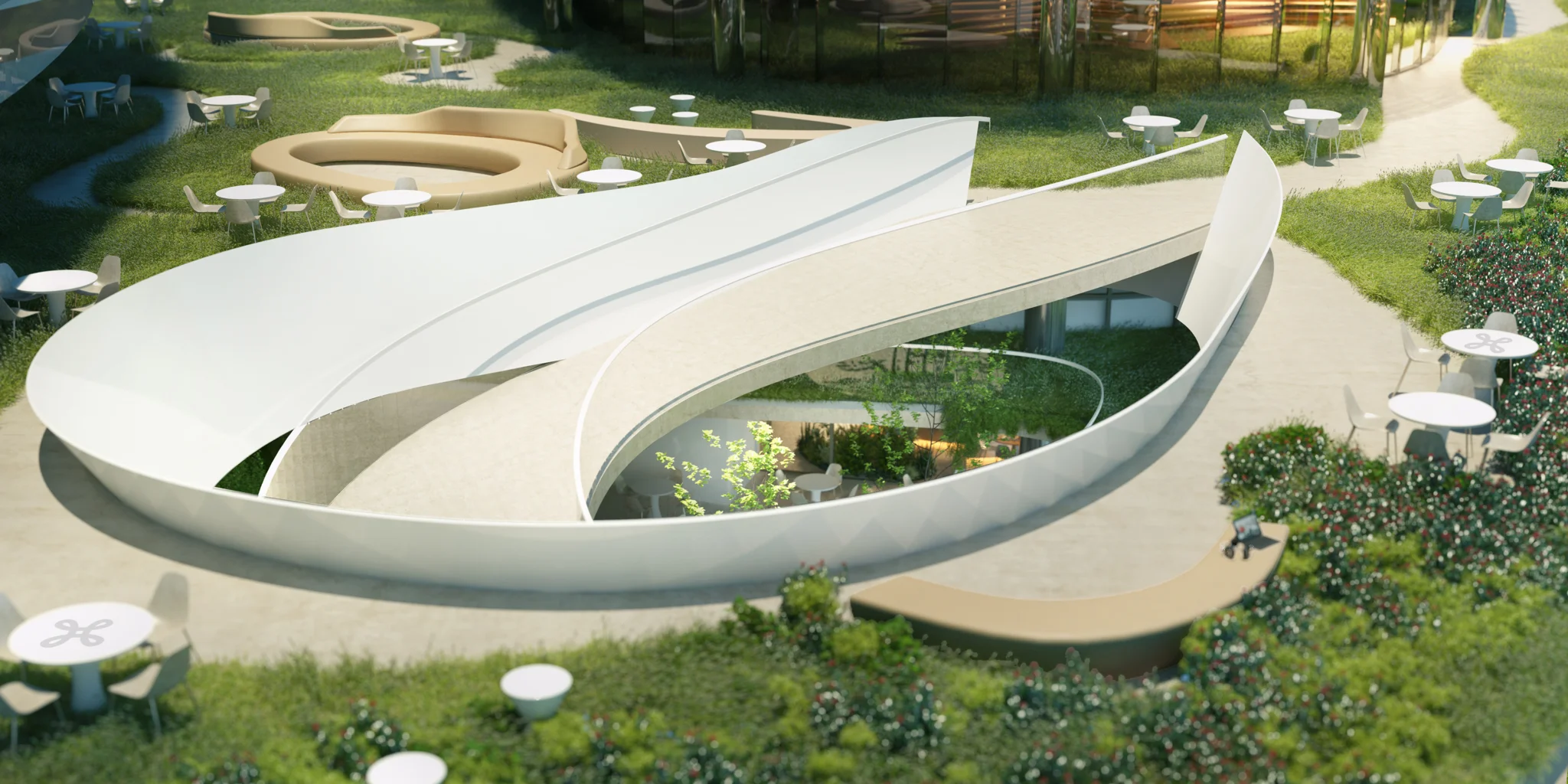 室外绿地，有一条倾斜的小路通向Proximus总部的地下一层。