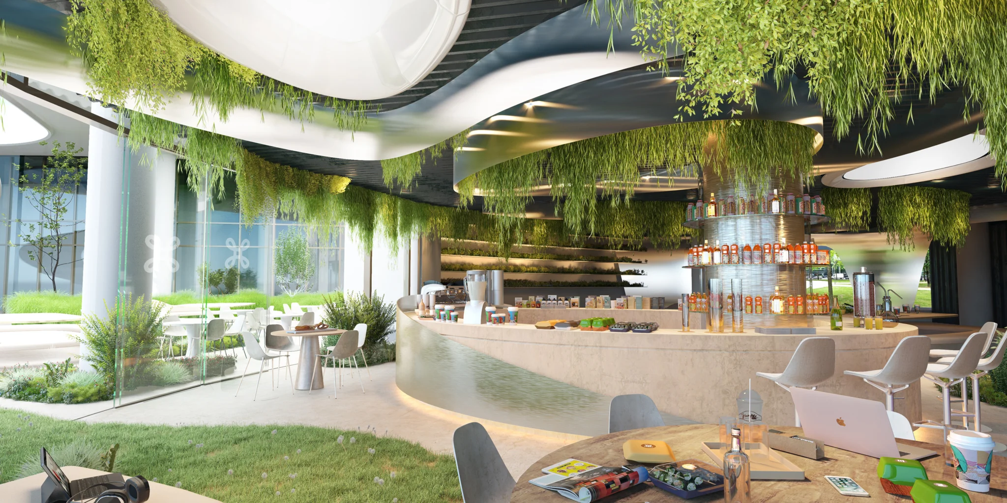 在Proximus总部有一个时尚现代的咖啡馆，里面有很多绿色植物。