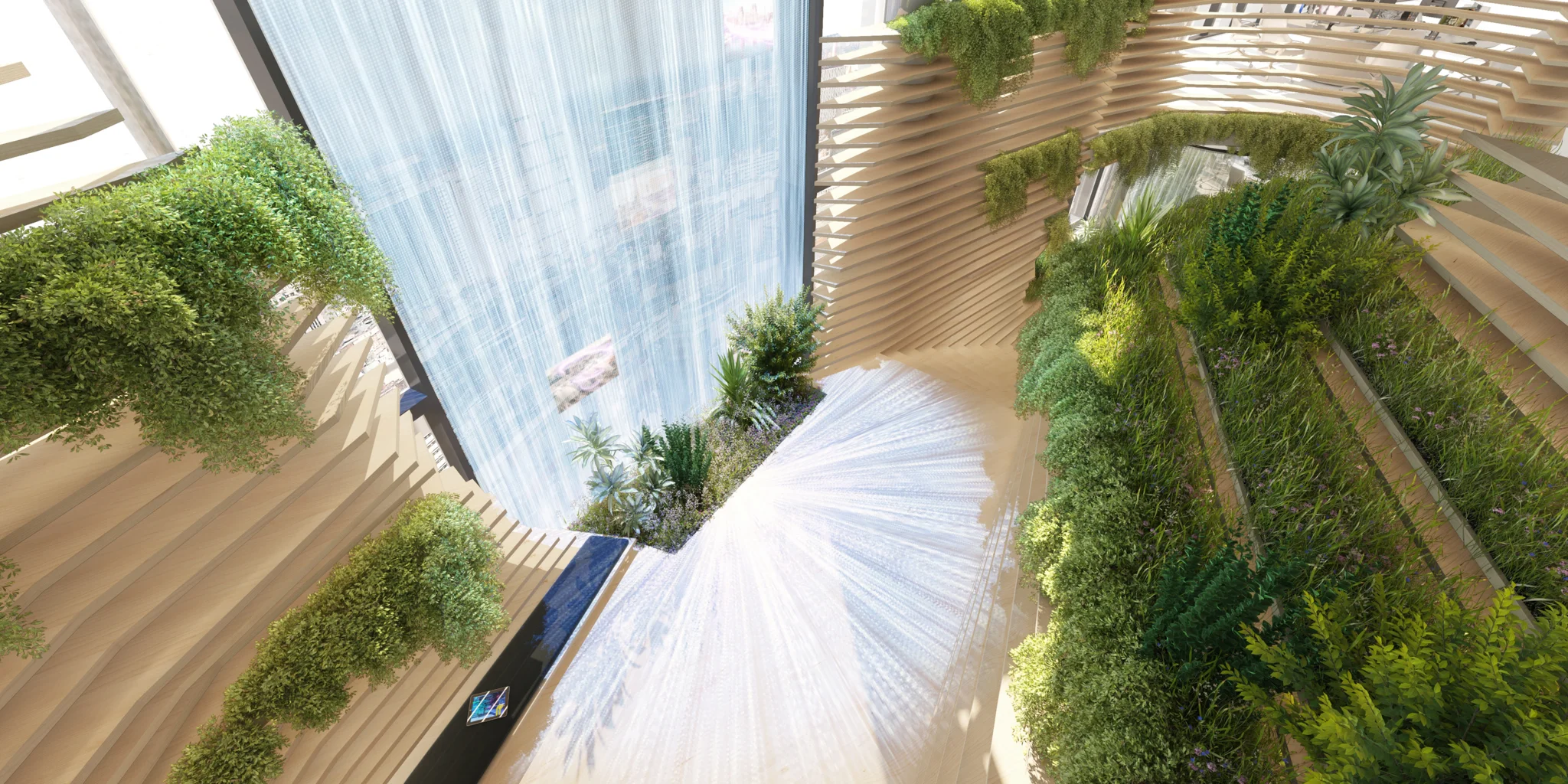 Proximus总部办公室的木质设计楼梯和绿色悬垂植物