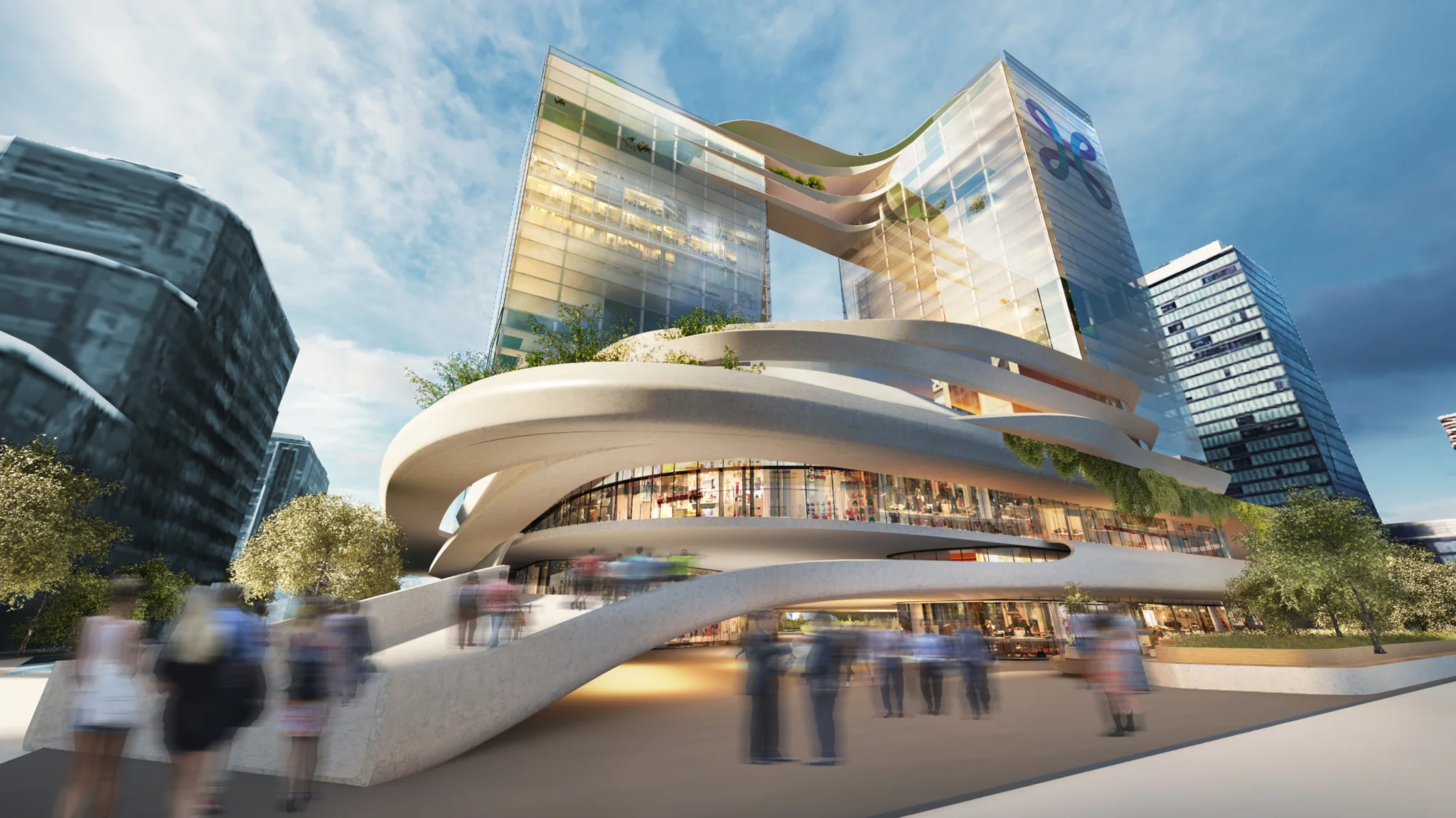 Looking up from ground level at the external of Proximus' two high-rise glass office buildings that have a connected platform on the upper levels. A circular pathway winds around the lower levels